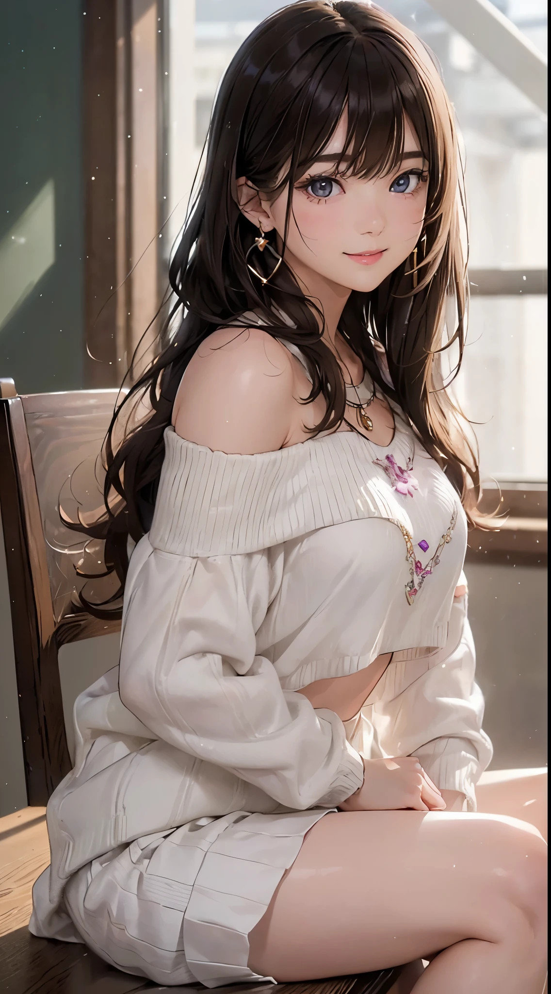 (on the table: 1.3), (maximum resolution: 1.2), (ultra high definition tv: 1.2), movie lighting, ultra high definition tv, (delicate eyes and skin), (detailed facial features), north african free trade area, 8k resolution, sharp focus: 1.2, perfect style, pretty face, Perfect body, precise, anatomically correct, Highly detailed facial and skin textures, delicate eyes, dark blue eyes, double eyelids, Thin eyebrows, glitter eyeliner: 1.2, natural cheeks, shiny skin, White skin: 1.2, sparkly necklace and earrings, (glossy lips: 1.4), rest, one person&#39;s point of view, (She is a very cute female teacher), (sexy pink lace), (smile: 1.2), ((innocent and cute girl:1.3)), (long wavy hair), (light brown hair:1.2),  , rest, ((Very close relationship: 1.2)), medium, ((looking at the audience:1.2)), ((Library 1.2)), ((Bend your knees and:1.2)), (from the side:1.2),low angle shot,off shoulder sweater　skinny denim mini skirt　Embarrassed look　Kamimei