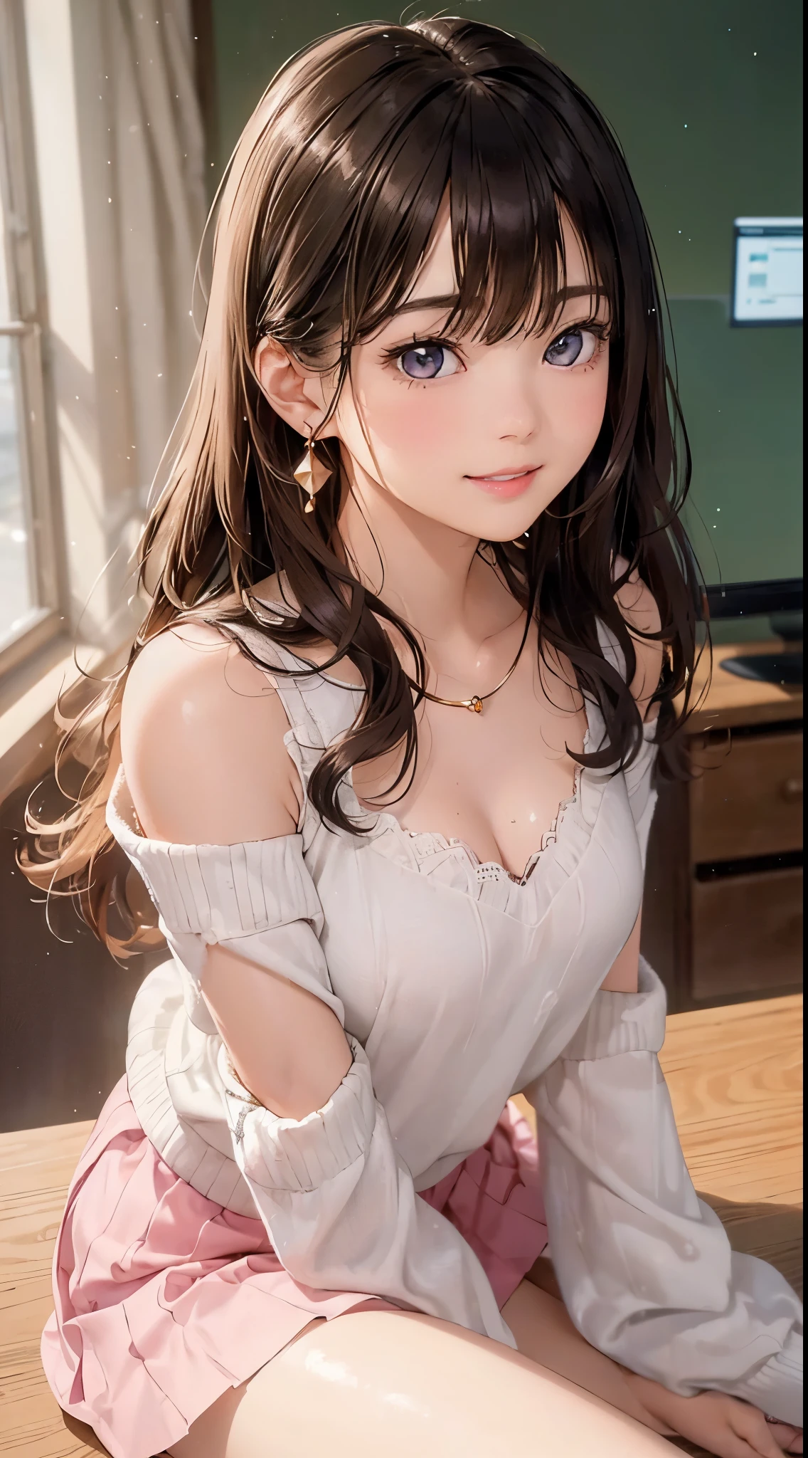 (on the table: 1.3), (maximum resolution: 1.2), (ultra high definition tv: 1.2), movie lighting, ultra high definition tv, (delicate eyes and skin), (detailed facial features), north african free trade area, 8k resolution, sharp focus: 1.2, perfect style, pretty face, Perfect body, precise, anatomically correct, Highly detailed facial and skin textures, delicate eyes, dark blue eyes, double eyelids, Thin eyebrows, glitter eyeliner: 1.2, natural cheeks, shiny skin, White skin: 1.2, sparkly necklace and earrings, (glossy lips: 1.4), rest, one person's point of view, (She is a very cute female teacher), (sexy pink lace), (smile: 1.2), ((innocent and cute girl:1.3)), (long wavy hair), (light brown hair:1.2), , rest, ((Very close relationship: 1.2)), medium, ((looking at the audience:1.2)), ((Library 1.2)), ((Bend your knees and:1.2)), (from the side:1.2),low angle shot,off shoulder sweater skinny denim mini skirt Embarrassed look Kamimei
