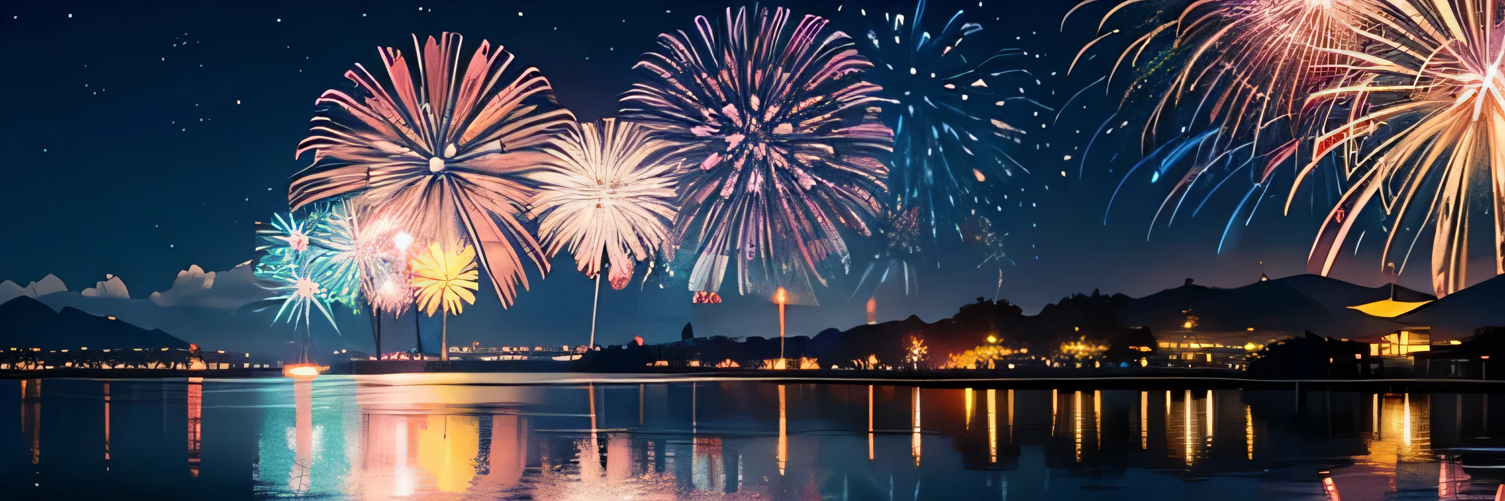 carnaval new year festival and can see fireworks on sky, full fireworks, grass, nature, sakura, nightscape, japan matsuri, sakura blossom, anime style, no people, background matsuri scenery, hanabi,