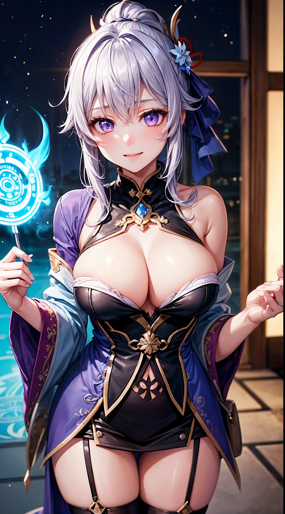 ((highest quality、8K、masterpiece:1.3))、Extraordinary Beauty、Ultimate Beauty、revealing underwear:1.2、Super Detail Face、delicate eyes、smile、erotic expression、sexy look、Sexy look、looking at the camera、(((((sexually seducing)))))、(((((shyly seduce)))))、beautiful girl、Large beautiful breasts、cleavage、slim、slender、1 girl, kimono, ponytail ,gray hair, purple eyes, magic circle, blue fire, blue flame, wallpaper, landscape, Depth of the bounds written, night, light particles, light, side light, thighs, genshin impact, Open jacket, skirt, Thighhighs, cloud