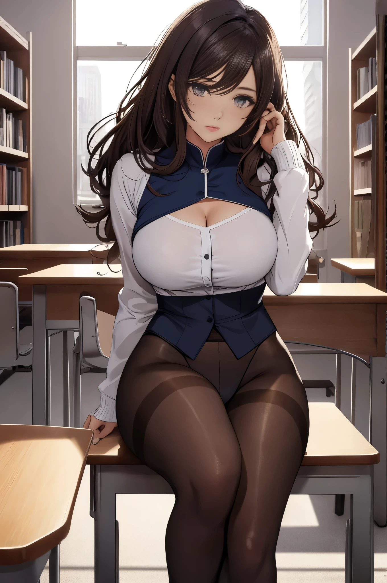 &Quote;A girl sitting in the classroom. she有一头棕色的头发和紧实的腹肌. she. she什么也没穿, only pantyhose. Library in the background. Pay attention to details in photos, Especially the details of the eyes, Emphasis on reality. These official Art of Unreal 8k wallpapers are extremely detailed, beautiful, aesthetic masterpiece, and highest quality. The use of dynamic angles demonstrates the elegance and romance of the image. The character has big breasts, , and camel toe shape. &Quote; pantyhose,