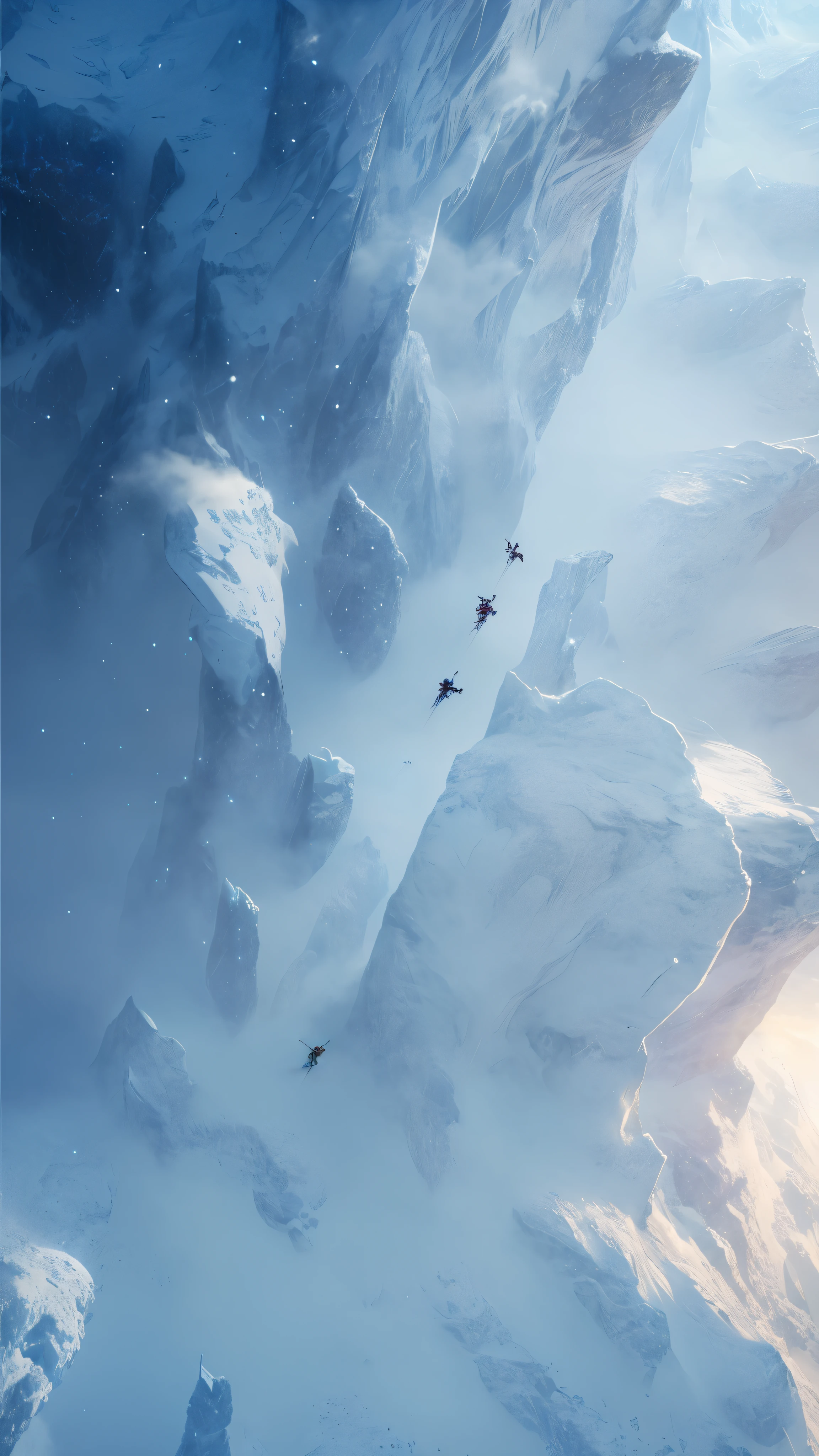 Two people skiing from the side of the mountain in the snow, jessica rossier color scheme, inspired by Jessica Rossier, by Jessica Rossier, Jessica Rossier Fantasy Art, extremely high resolution, ice tower, Hoth planet, Arctic, Viewed from space, true depiction, Travel through the ice planet, Extremely detailed matte painting, Image source NASA National Geographic Magazine