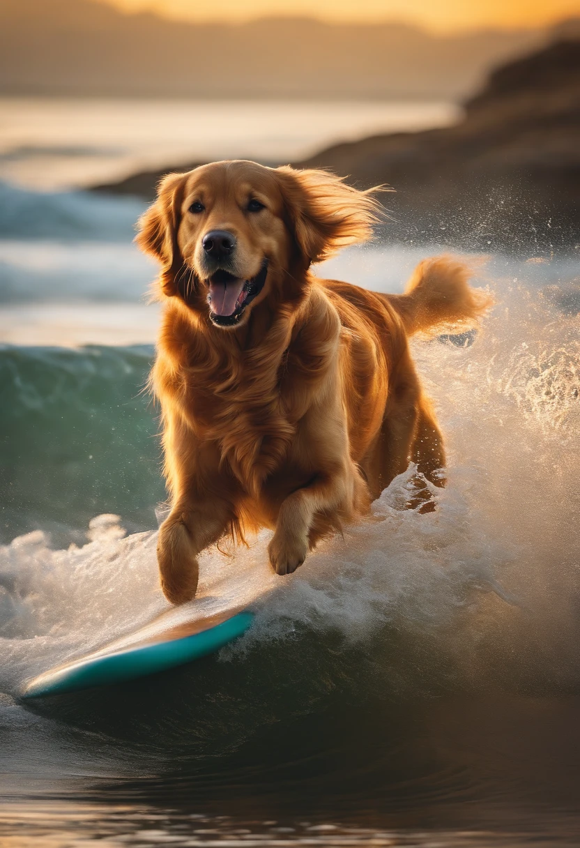 Golden Retriever Surfeando Colorido realistic 4k