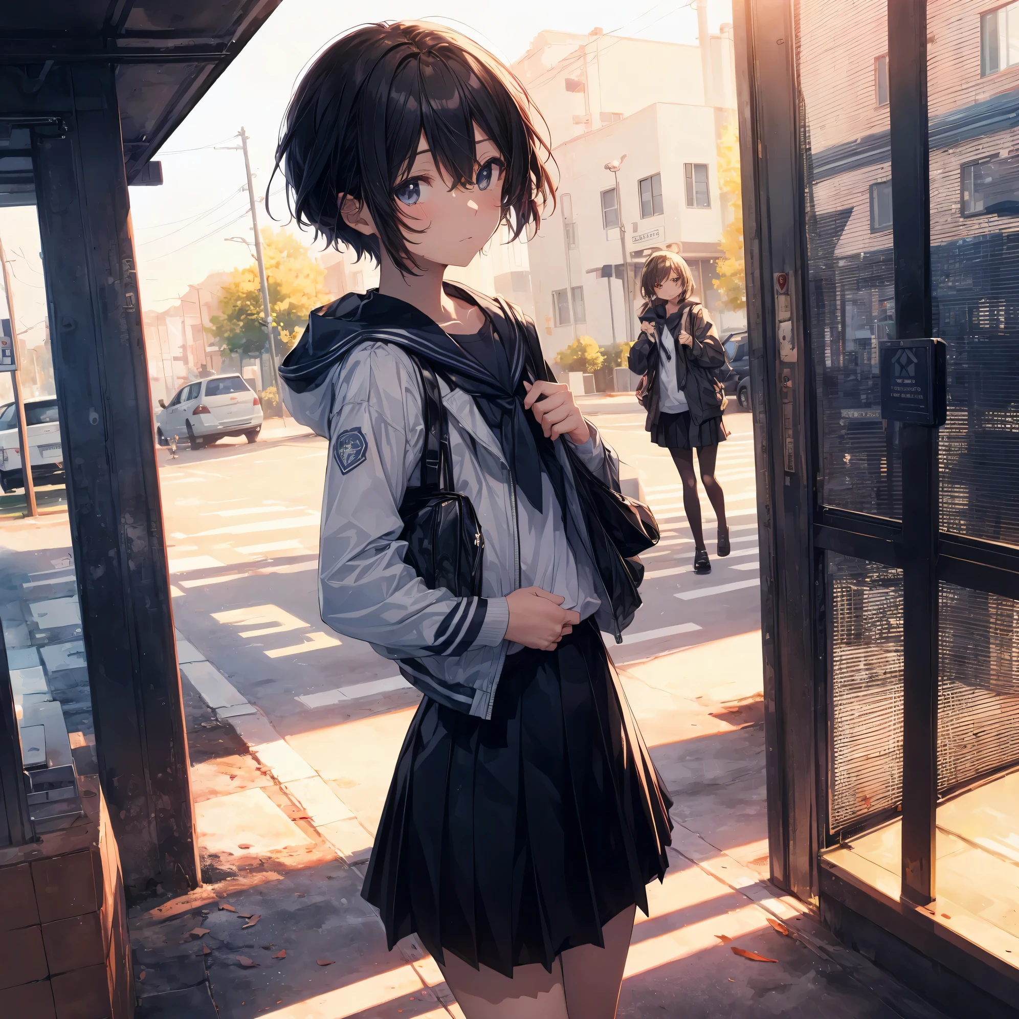 ultra-Top-quality by art God, ultra-detailed, high resolution, shinkai makoto style, anime moe artstyle, best anime 8k konachan wallpaper, pixiv contest winner, perfect anatomy, break,(Please draw a girl walking sleepily to school alone. ),break, a hyperrealistic schoolgirl, (Solo,Loli,child,13-year-old:1.3),Full limbs, complete fingers,a junior high school student, androgynous charm, (Very very Short hair), messy hair, flat soft chest, Small butt, groin, Small eyes,beautiful detailed black eyes, well-proportioned iris and pupils, disgusted eyes, highres detailed hair, school Uniform, skirt,  in the School commute route. break,super detailed skin, Best lighting powered by famous artist, 8k, illustration,