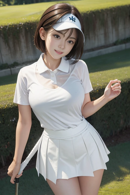 、Smile full of happiness、((nearly naked:1.3))、nearly naked、、lawn、Sweating、is standing、(((clong legs、thighs thighs thighs thighs)))、Sun visor、Medium Hair、cleavage of the breast、1girll,Golf Playece perfect,crisp breasts, Convex buttocks,Pastel Colour Sport Short Sleeve,(((short tight white skirt))),White sport socks,White shoes,a wet body,Swing a golf club,Golf Course,Sunnyday,Clouds, Detailed background, Clothing Details, Perfectly proportioned, film grains, Fuji colors, lightand shade contrast, tmasterpiece, high detal, high quarity, hight resolution, Cinematic lighting, 8K, Textured skin, Super Detail