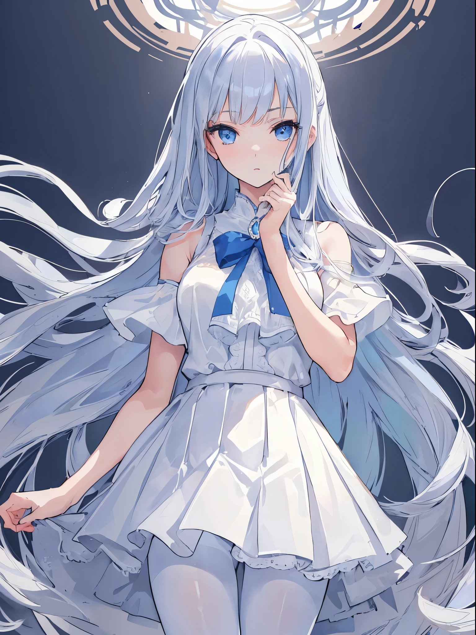 (masterpiece:1.3), (best quality:1.1), ((1 girl)), ((alone)), (Detailed eyes and detailed face:1.3), (beautiful clear background:1.2), blue eyes, White shirt , White pleated skirt,White pantyhose, Raise your legs high, whole body, permanent, hands in pockets, boring, depth of field, bedroom, (illustration:1.1), (extremely delicate and beautiful:1.1), (perfect details:1.1), (), ,facing the audience, Upper body, focus on face