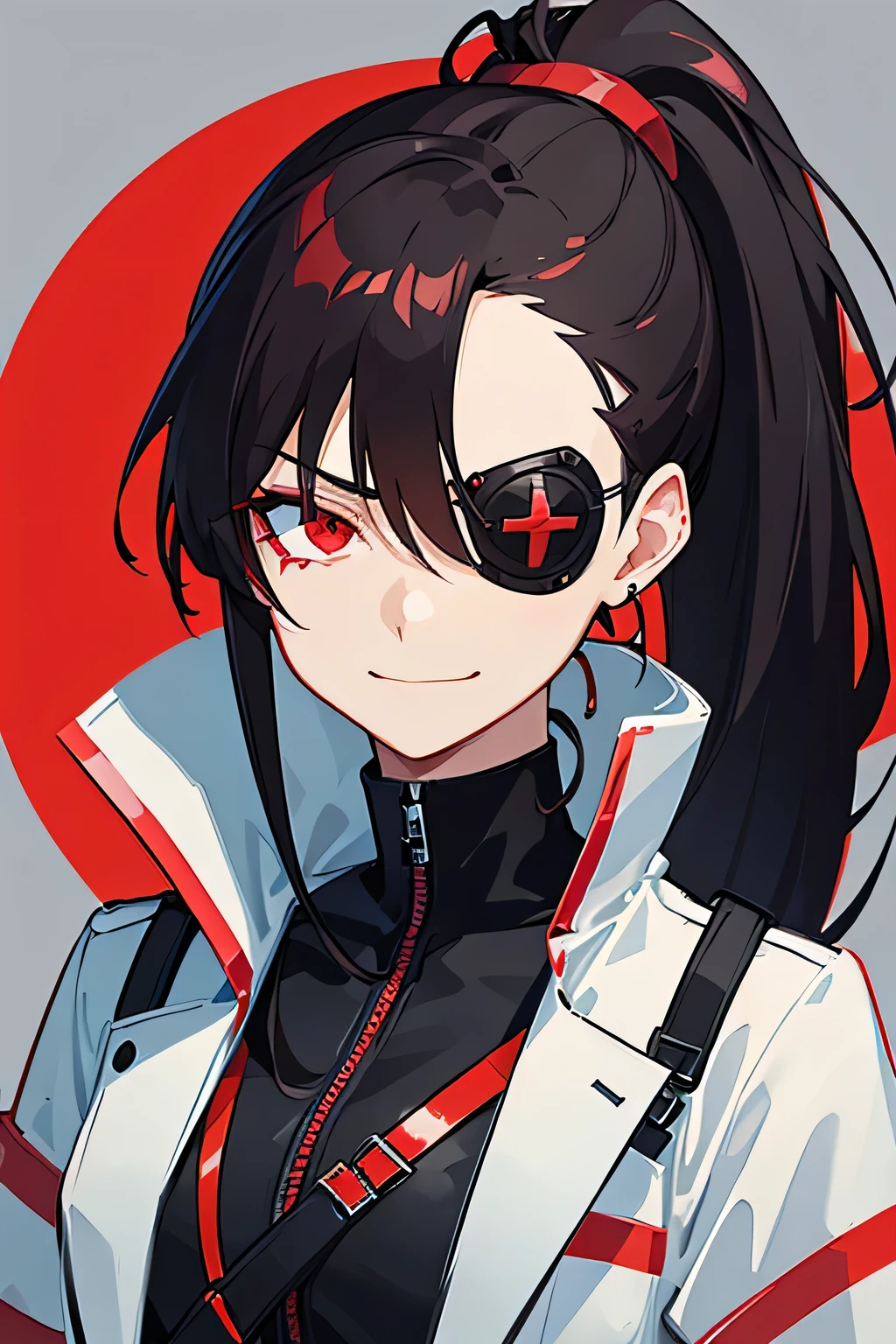 sci fi medic jacket, black hair, long ponytail red hair, red eyes, smirk, confident pose, her right eye using eye patch with medic logo