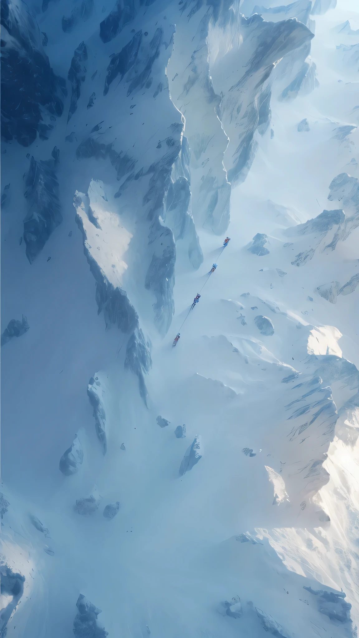 Two people skiing from the side of the mountain in the snow, jessica rossier color scheme, inspired by Jessica Rossier, by Jessica Rossier, Jessica Rossier Fantasy Art, extremely high resolution, ice tower, Hoth planet, Arctic, Viewed from space, true depiction, Travel through the ice planet, Extremely detailed matte painting, Image source NASA National Geographic Magazine