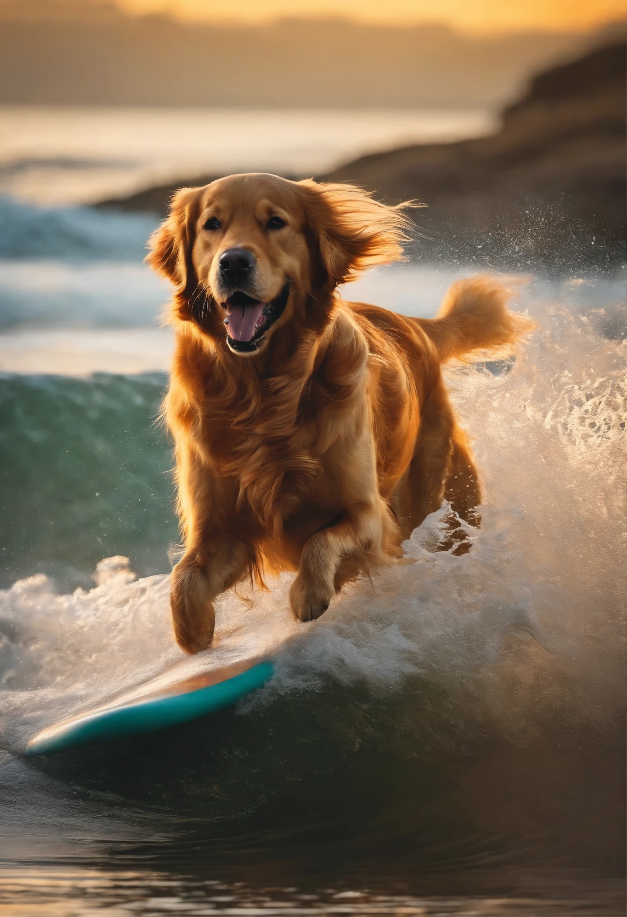 Golden Retriever Surfeando Colorido realistic 4k