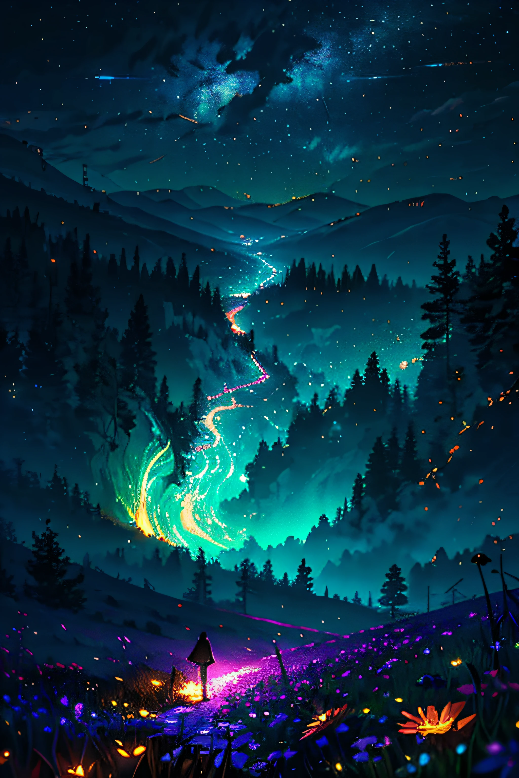 wide landscape photos, (Look from the bottom up, The sky is above, The vacant lots are as follows), (a girl standing on flower field looking up), (full moon: 1.2), (meteor: 0.9), (nebula: 1.3), Far Mountain , green trees,Handmade art, (warm lights: 1.2), (glowworm: 1.2), Lamp light, lots of purples and oranges, intricate details, Volumetric lighting BREAK (masterpiece: 1.2), (best quality), 4K, Super detailed, (dynamic compositions: 1.4), Rich in detail and color, (rainbow colors: 1.2), (glow, mood lighting), fantastic, magic, (alone: 1.2)