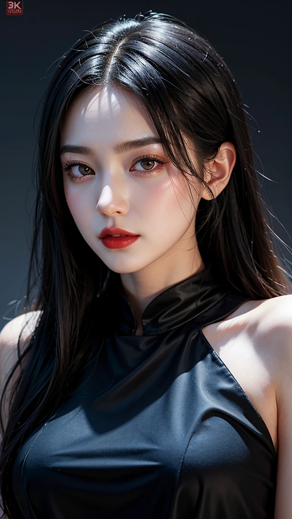 Close-up of woman with black dress and red lips Artwork in the style of guweiz by Russell Dongjun Lu realistic cheng yi by Yanjun Cheng inspired by Yanjun Cheng realistic art style 8k soft portrait rendering 8k portrait rendering realistic anime girl rendering Beautiful and realistic face
