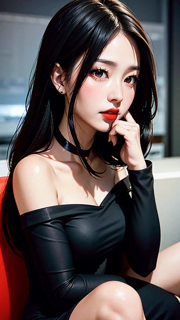 Girl, long black hair with bangs, cigarette with one hand, red eyes