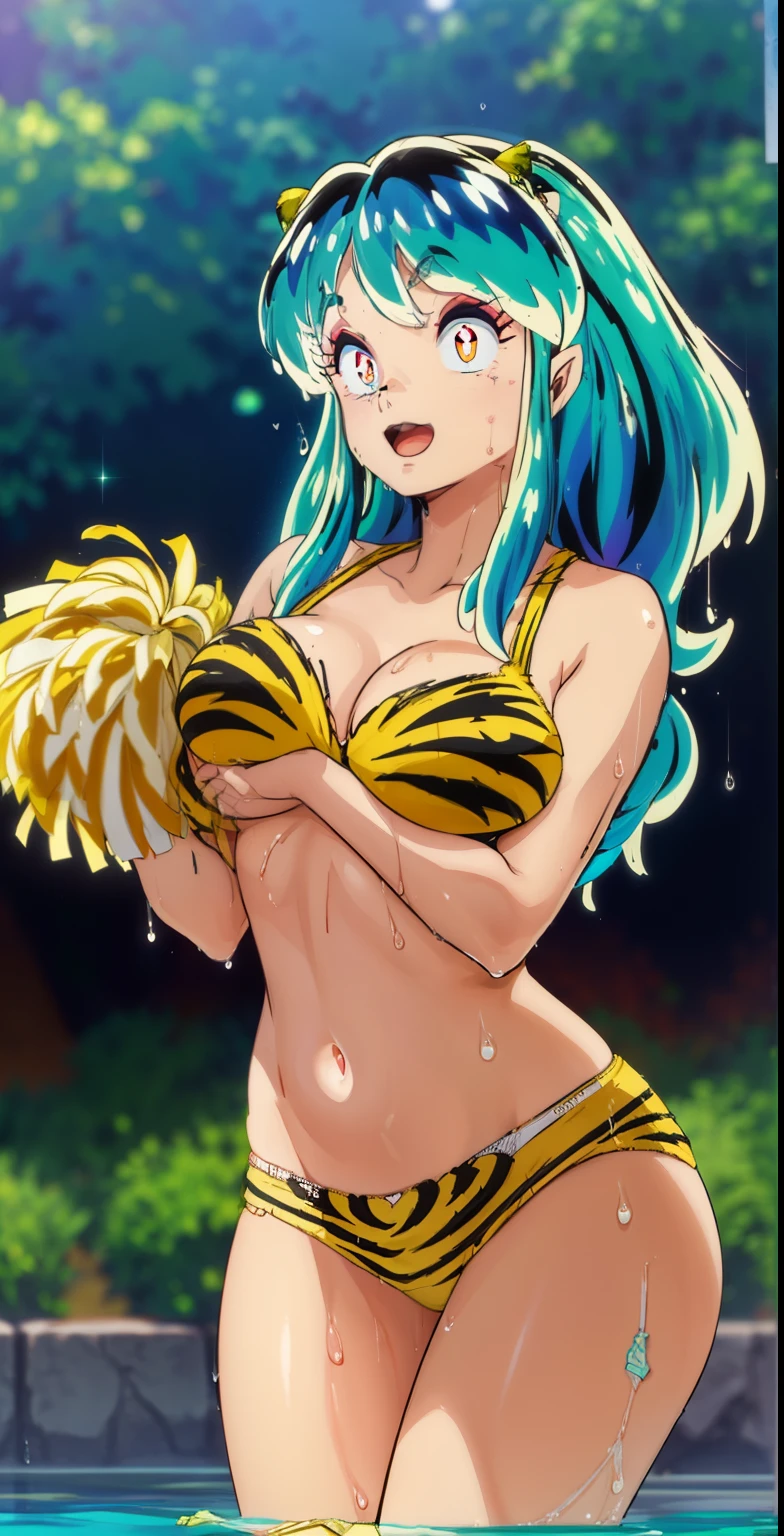 ram invader, detailed breasts, anime dick, (tiger print cheerleader: 1.2), （white panties:1.4）,muste piece, best quality, open mouth, tooth, ultra-detailed breasts, Yellow eyes, cute eyes, detailed face, a cute girl, big chest, red face, (wet with water: 1.2), Generally poor breasts, areola slip, (Position where panties are visible:1.5), (beautiful breasts: 1.2), (with a bright light source: 1.2), (heart shaped pupils opening their clothes: 1.5)