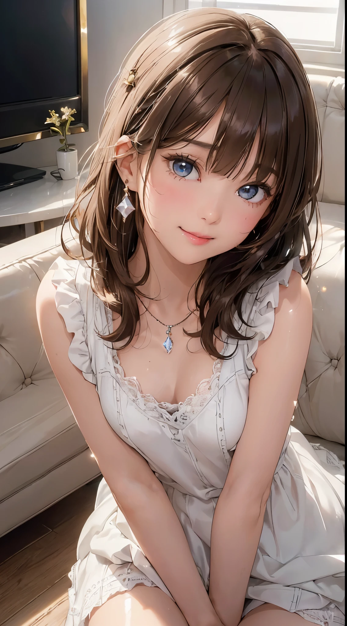 (on the table: 1.3), (maximum resolution: 1.2), (ultra high definition tv: 1.2), movie lighting, ultra high definition tv, (delicate eyes and skin), (detailed facial features), north african free trade area, 8k resolution, sharp focus: 1.2, perfect style, pretty face, Perfect body, precise, anatomically correct, Highly detailed facial and skin textures, delicate eyes, dark blue eyes, double eyelids, Thin eyebrows, glitter eyeliner: 1.2, natural cheeks, shiny skin, White skin: 1.2, sparkly necklace and earrings, (glossy lips: 1.4), rest, one person&#39;s point of view, (She is a very cute female teacher), (white lace), (smile: 1.2), ((innocent and cute girl:1.3)), (long wavy hair), (light brown hair:1.2),  (cowboy shooting: 1.2), rest, ((Very close relationship: 1.2)), medium, ((looking at the audience:1.2)), ((On the sofa in the women&#39;s room:1.2)), ((Bend your knees and:1.2)), (from the side:1.2),low angle shot　sleeveless knitted sweater　Embarrassed look　lying on your back