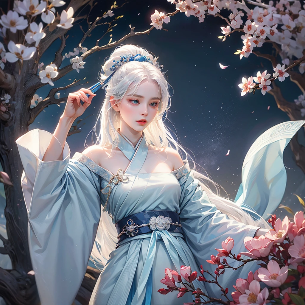 a woman, white hair, blue eyes, Gorgeous and exquisite blue Hanfu,antiquity,Gorgeous hair accessories,tassel,gauze,kapok background,petal,breeze,Moonlight