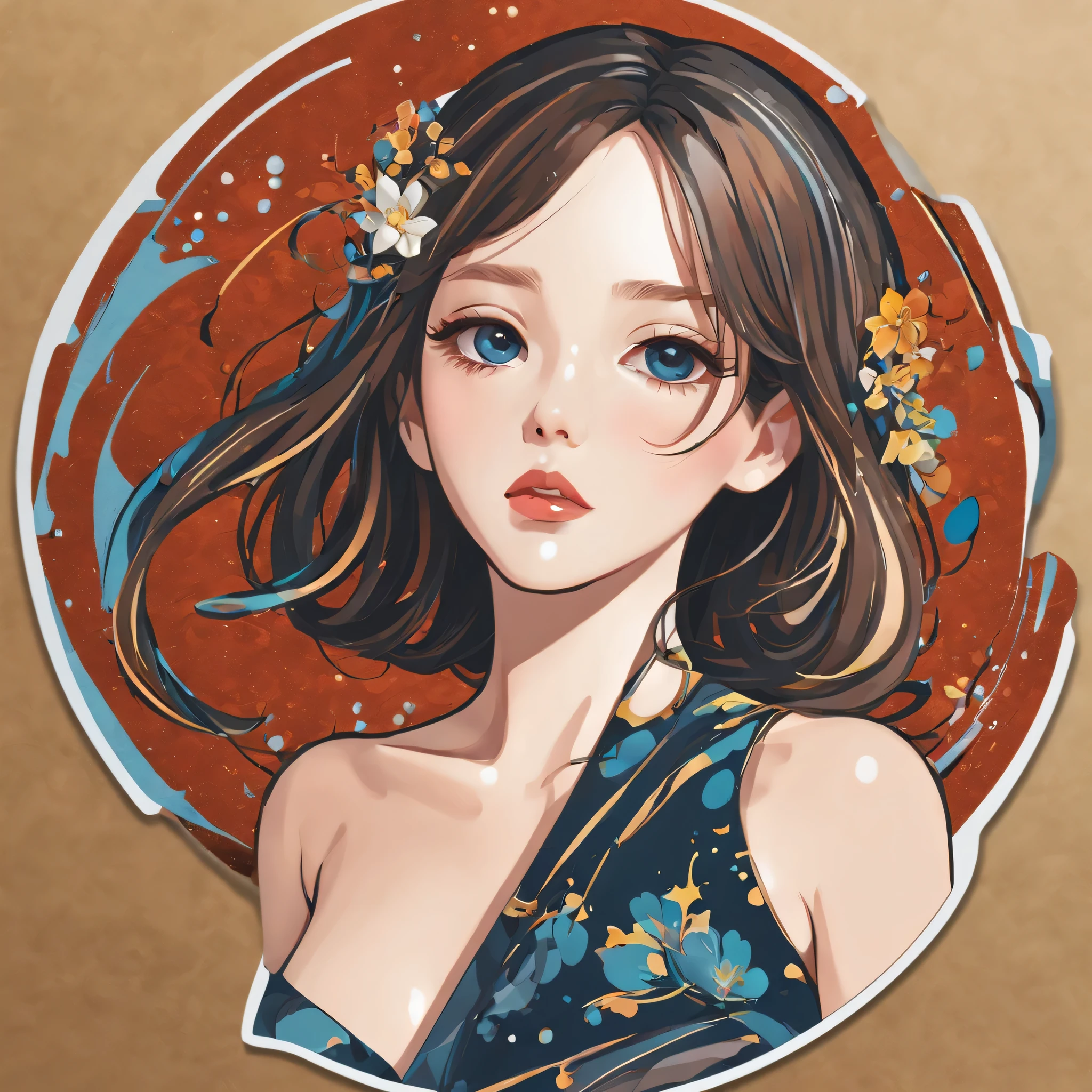 (a sticker,),(3D anime girl),dress, elegance,beautyful face,(In circlerown background), (pollock border)（oil painting style）， ultra - detailed, best quality, Detailed diagram, vectorized, 8K, 专业a sticker设计, Graphic design, vector lines, a sticker, Full-HD