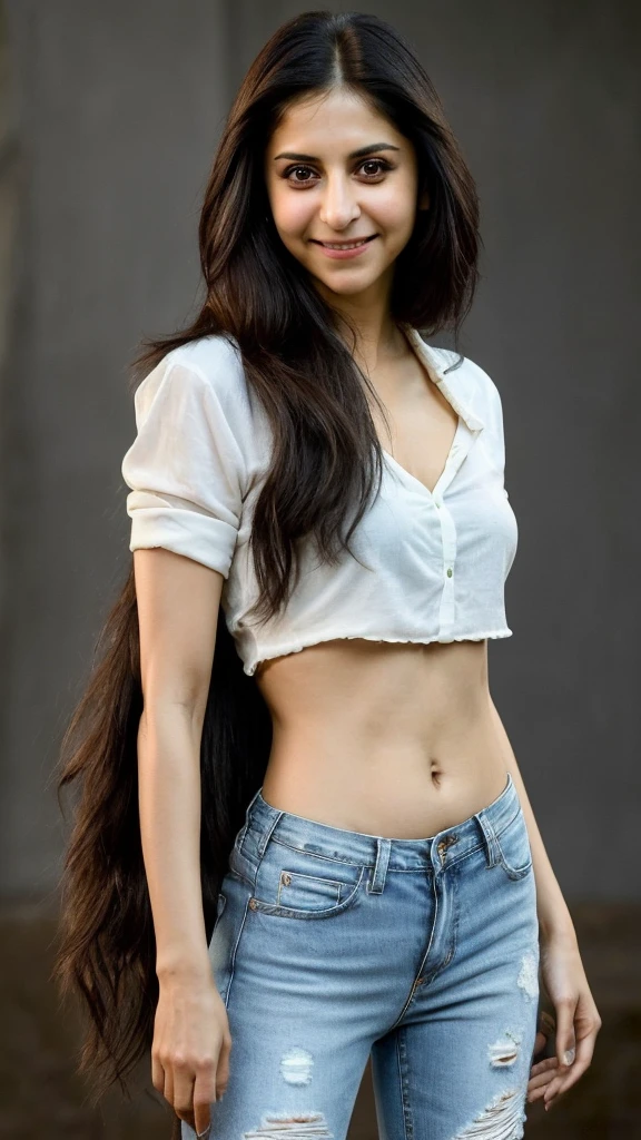 smiling woman with long black hair and a white shirt with black ripped jeans and leather boots, cool expression, this person does not exist, 30 years old, french, iranian persian, without makeup, with very thin lips, cristin milioti-jami gertz-rakul preet singh-nadya suleman-troian bellisario-alexa demie-nina dobrev-anushka sharma-sarah silverman-kareena kapoor-emma heming-katrina kaif merged, entire body visible, full body, hyperrealistic, best quality, 8K, real human skin, masterpiece, extremely intricate, medium closeup, detailed eyes, detailed face, detailed body, exaggerated features, pronounced features