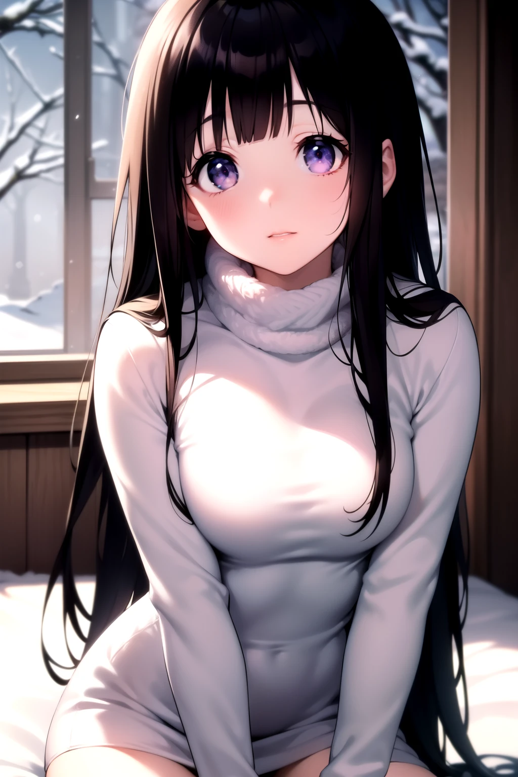 (A superb exquisite Chitanda Eru), (mature face), (((half-body))), purple eyes, long black hair, natural straight hair, straight bangs, solo, [Small_breasts: large_breasts: 0.5], (winter clothes, winter vibes), normal breasts, extremely delicate, peerless beautiful girl, dreamy quality, exaggerated facial features, solid color, delicate face, bright lips, slender waist, straight curves, soft lights and shadows, super fine, 8K HD, (masterpiece:1.4), (finely detailed beautiful eyes: 1.2)