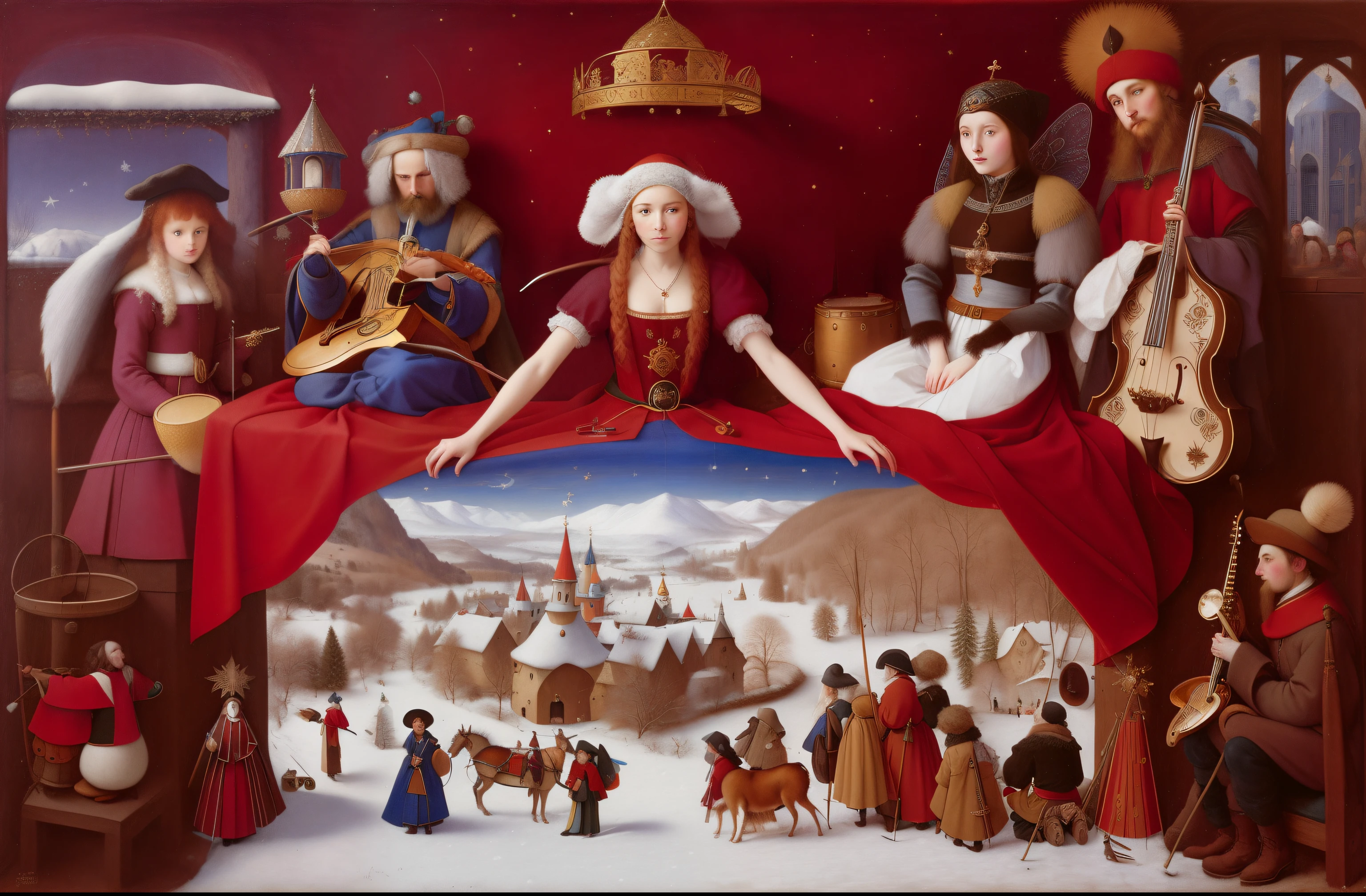 peinture d&#39;a group of people dressed in costumes and holding instruments, inspired by Albrecht Altdorfer, allegory of&#39;hiver, inspired by Jean Fouquet, Adrien Borda, inspired by the Limbourg brothers, inspired by Geertgen tot Sint Jans, inspired by James C. Christensen, in the style of Hieronymus Bosch, Alexandre Abdoulov, Russian folk fairy tale