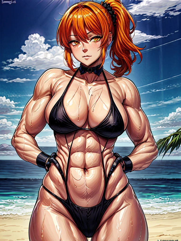 (((masterpiece、Highest image quality、highest quality、highly detailed unity 8kwallpaper)))、((Illustration of one girl))、(((beautiful girl)))、((orange hair、side pony、Yellow scrunchie、orange eyes))、swimsuit、sandy beach
