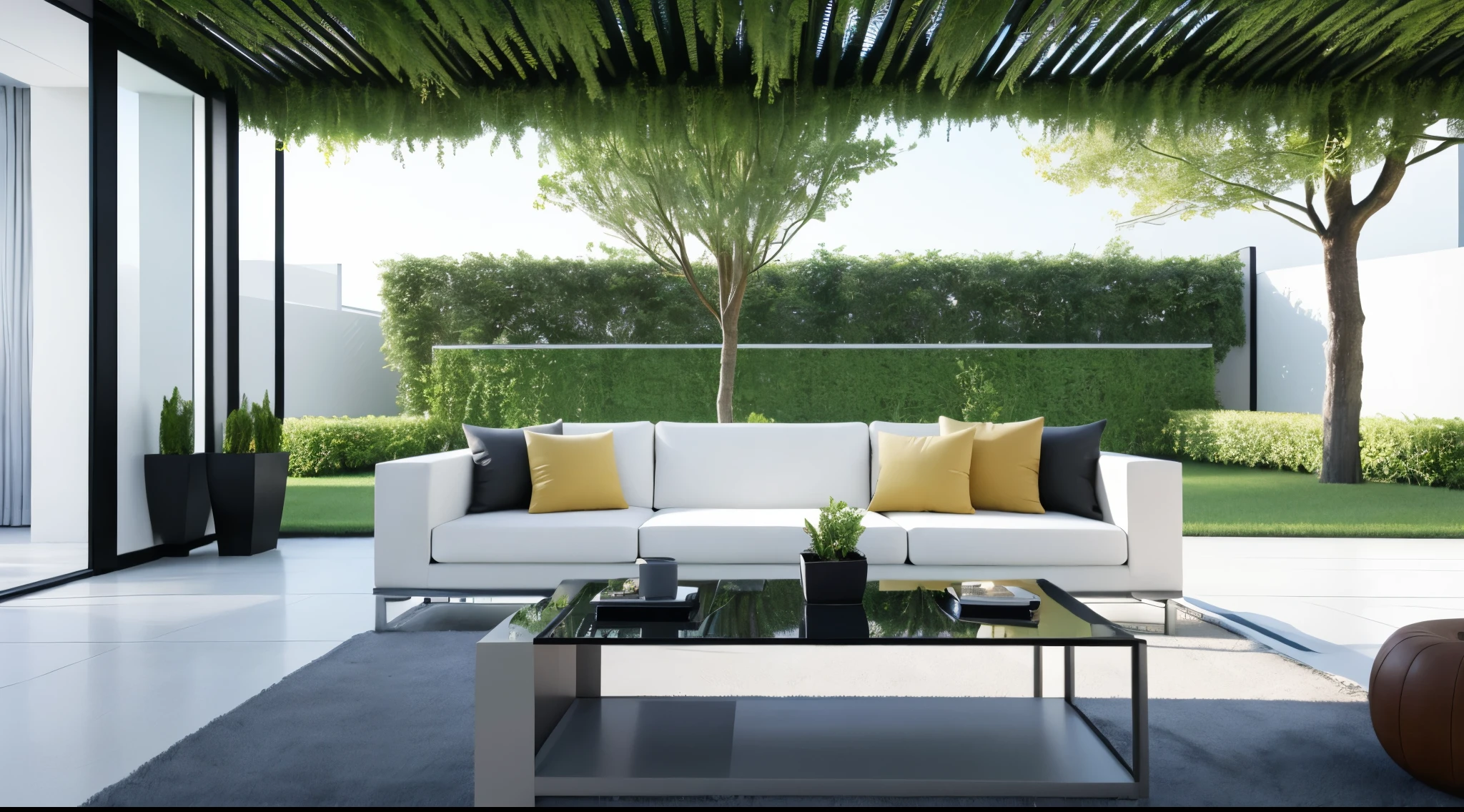 You are a famous interior designer、You have been asked to create a 3D image of a modern large room. Create a harmonious environment with modern and minimalist furniture. Including garden interior.