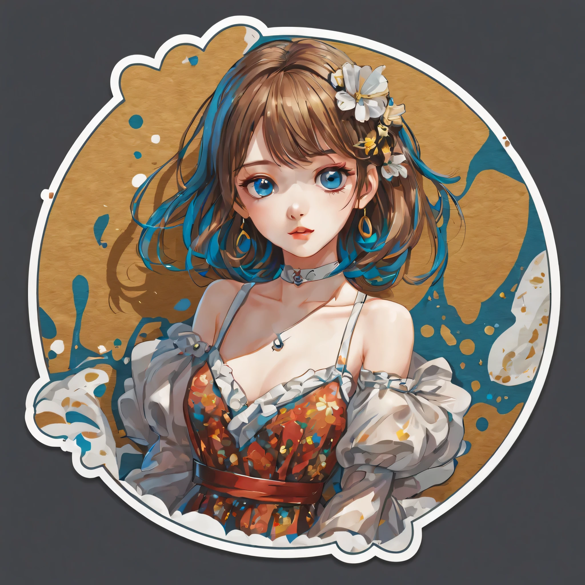(a sticker,),(3D anime girl),dress, elegance,beautyful face,(In circlerown background), (pollock border)(oil painting style), ultra - detailed, best quality, Detailed diagram, vectorized, 8K, 专业a sticker设计, Graphic design, vector lines, a sticker, Full-HD