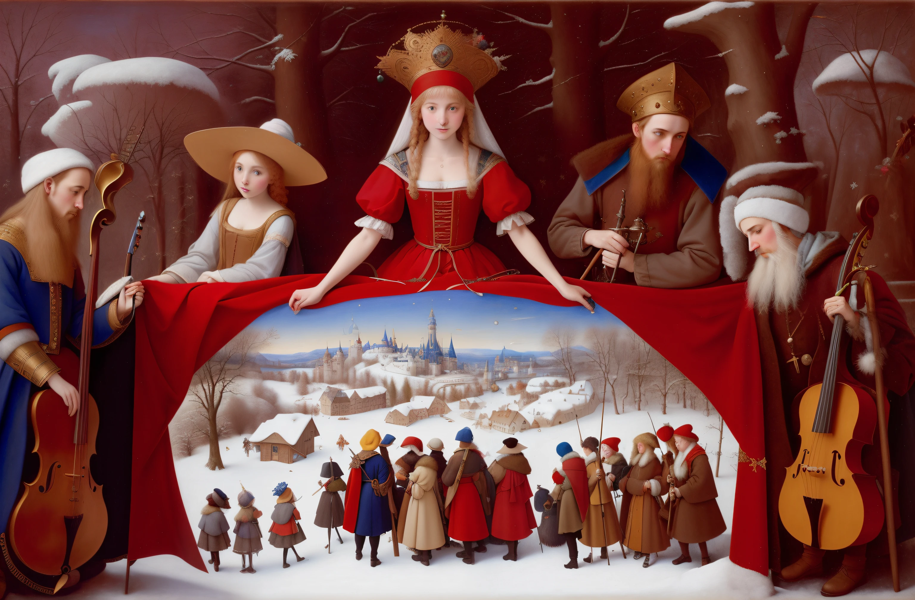 peinture d&#39;a group of people dressed in costumes and holding instruments, inspired by Albrecht Altdorfer, allegory of&#39;hiver, inspired by Jean Fouquet, Adrien Borda, inspired by the Limbourg brothers, inspired by Geertgen tot Sint Jans, inspired by James C. Christensen, in the style of Hieronymus Bosch, Alexandre Abdoulov, Russian folk fairy tale