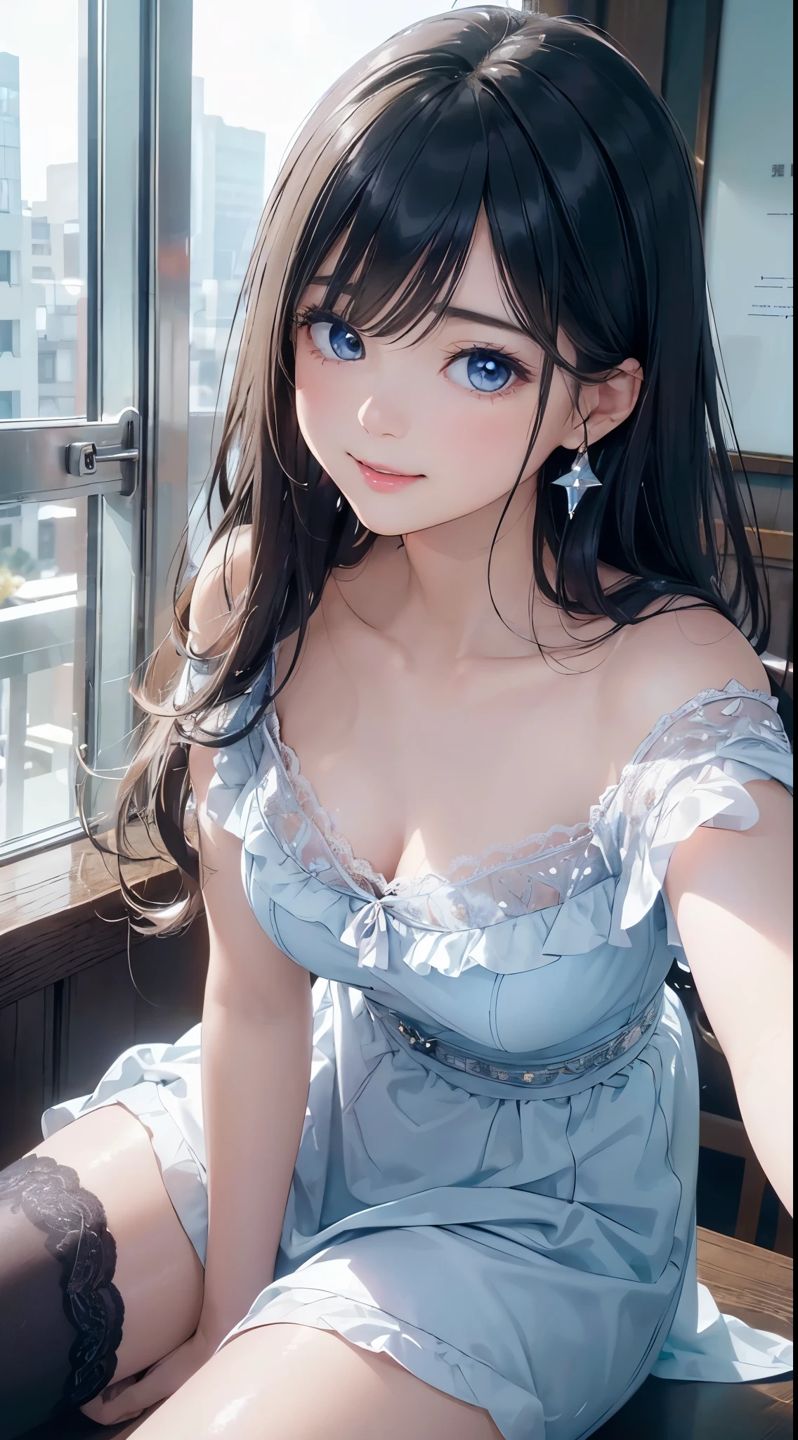 (on the table: 1.3), (maximum resolution: 1.2), (ultra high definition tv: 1.2), movie lighting, ultra high definition tv, (delicate eyes and skin), (detailed facial features), north african free trade area, 8k resolution, sharp focus: 1.2, perfect style, pretty face, Perfect body, precise, anatomically correct, Highly detailed facial and skin textures, delicate eyes, dark blue eyes, double eyelids, Thin eyebrows, glitter eyeliner: 1.2, natural cheeks, shiny skin, White skin: 1.2, sparkly necklace and earrings, (glossy lips: 1.4), rest, one person's point of view, (She is a very cute female teacher), (blue lace、stockings), (smile: 1.2), ((innocent and cute girl:1.3)), (long wavy hair), (light brown hair:1.2), (cowboy shooting: 1.2), rest, ((Very close relationship: 1.2)), medium, ((looking at the audience:1.2)), (hotel room:1.2)), ((Bend your knees and:1.2)), (from the side:1.2),low angle shot,Off the shoulder mini dress jeans mini skirt Embarrassed look Kamimei
