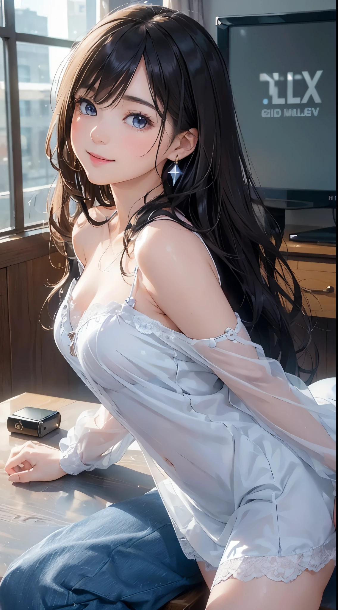 (on the table: 1.3), (maximum resolution: 1.2), (ultra high definition tv: 1.2), movie lighting, ultra high definition tv, (delicate eyes and skin), (detailed facial features), north african free trade area, 8k resolution, sharp focus: 1.2, perfect style, pretty face, Perfect body, precise, anatomically correct, Highly detailed facial and skin textures, delicate eyes, dark blue eyes, double eyelids, Thin eyebrows, glitter eyeliner: 1.2, natural cheeks, shiny skin, White skin: 1.2, sparkly necklace and earrings, (glossy lips: 1.4), rest, one person's point of view, (She is a very cute female teacher), (blue lace、stockings), (smile: 1.2), ((innocent and cute girl:1.3)), (long wavy hair), (light brown hair:1.2), (cowboy shooting: 1.2), rest, ((Very close relationship: 1.2)), medium, ((looking at the audience:1.2)), (hotel room:1.2)), ((Bend your knees and:1.2)), (from the side:1.2),low angle shot,Off the shoulder mini dress jeans mini skirt Embarrassed look Kamimei