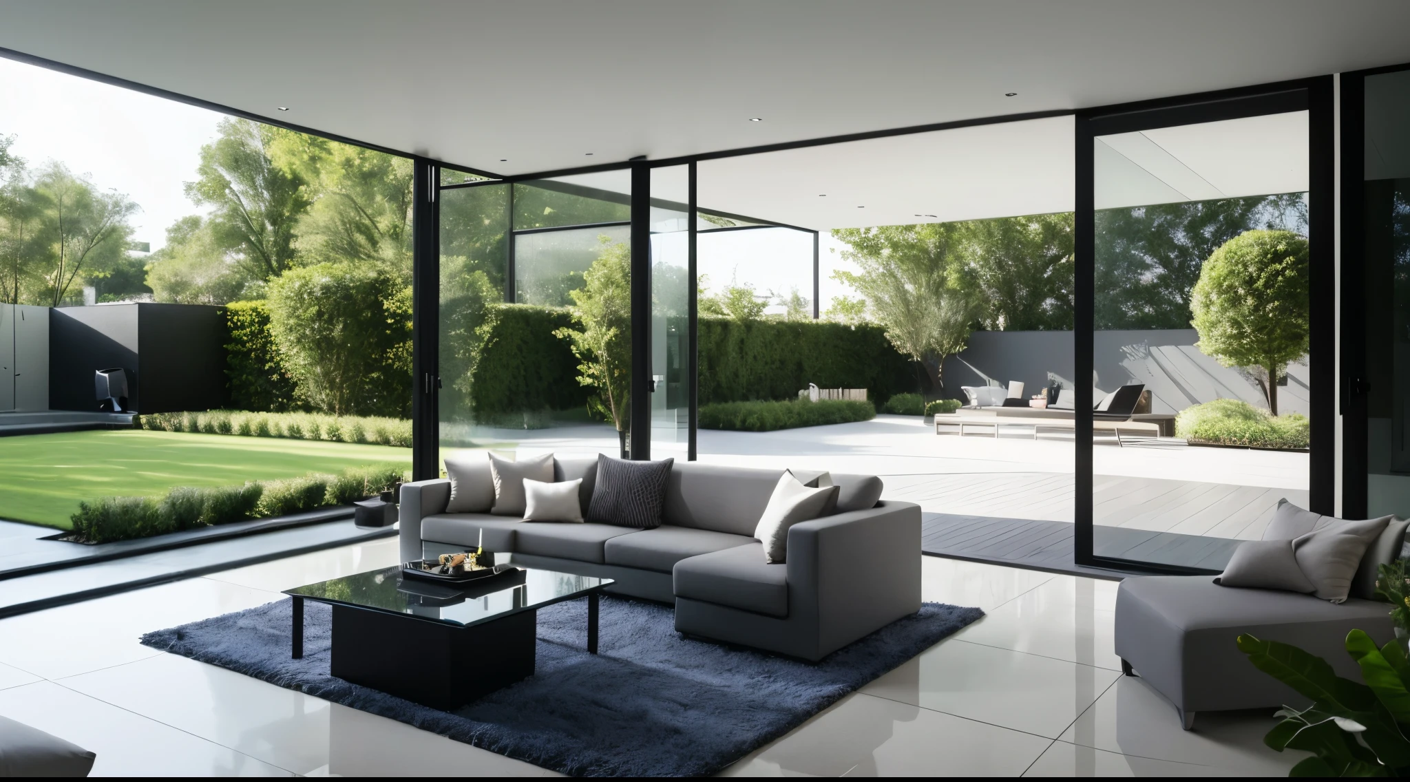 You are a famous interior designer、You have been asked to create a 3D image of a modern large room. Create a harmonious environment with modern and minimalist furniture. Including garden interior.
