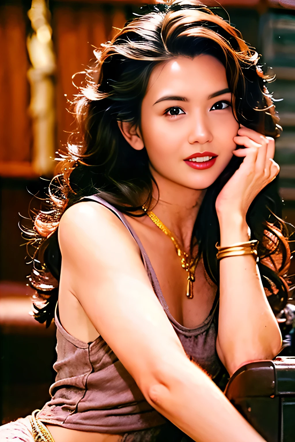 (masterpiece, best quality, ultra-detailed, highres, 4k),(beautiful detailed eyes),(very detailed face),(1girl),HDR,long hair, shorts, phone, brown eyes, brown hair, cellphone, bracelet, tank top, jewelry, watch, lips, solo focus, nail polish, blurry background, smile, wristwatch, realistic, blurry, looking at viewer