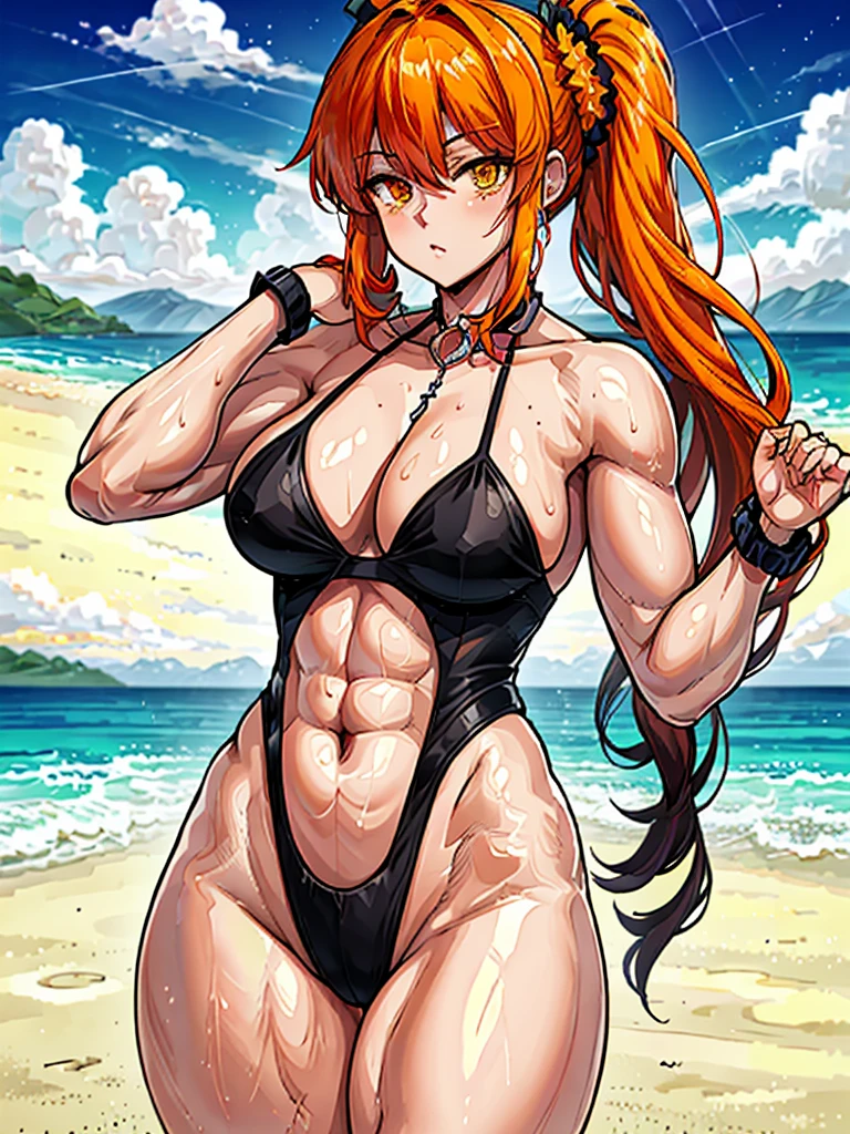 （（（masterpiece、Highest image quality、highest quality、highly detailed unity 8ｋwallpaper）））、（（Illustration of one girl））、（（（beautiful girl）））、（（orange hair、side pony、Yellow scrunchie、orange eyes））、swimsuit、sandy beach