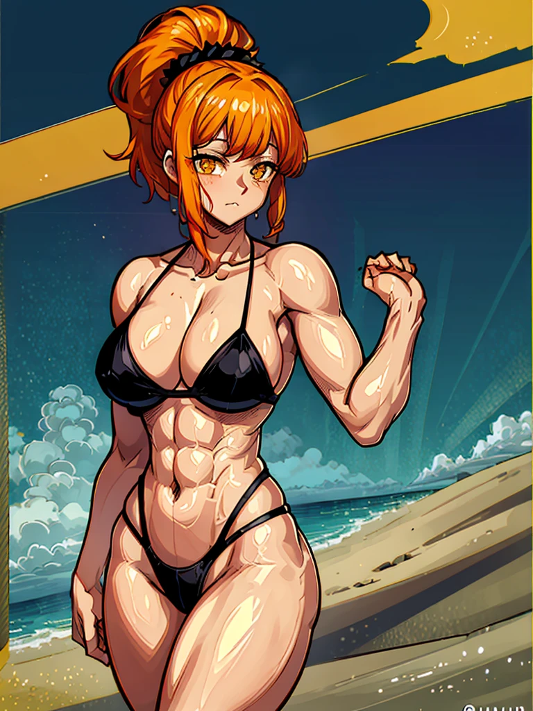 (((masterpiece、Highest image quality、highest quality、highly detailed unity 8kwallpaper)))、((Illustration of one girl))、(((beautiful girl)))、((orange hair、side pony、Yellow scrunchie、orange eyes))、swimsuit、sandy beach