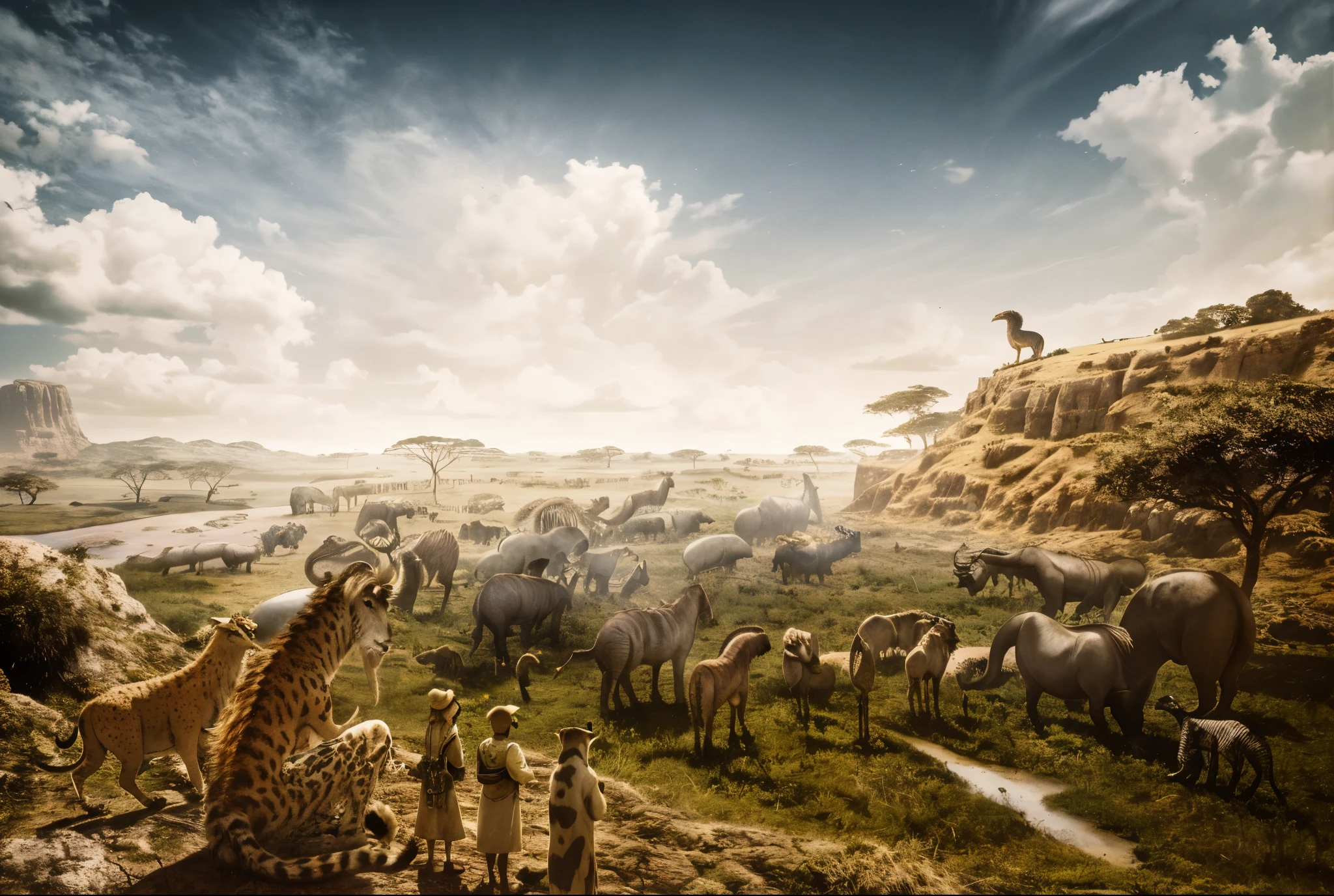 there are many animals that are standing in the grass, realistic photography paleoart, 3 d render and matte painting, african savannah, matte paintinatte painting ”, by Kurt Roesch, extravagant matte painting, majestic matte painting, intricate matte painting, epic matte painting, hyperdetailed 3 d matte painting, hyperdetailed 3d matte painting, hyperrealistic ”, hyperrealistic”