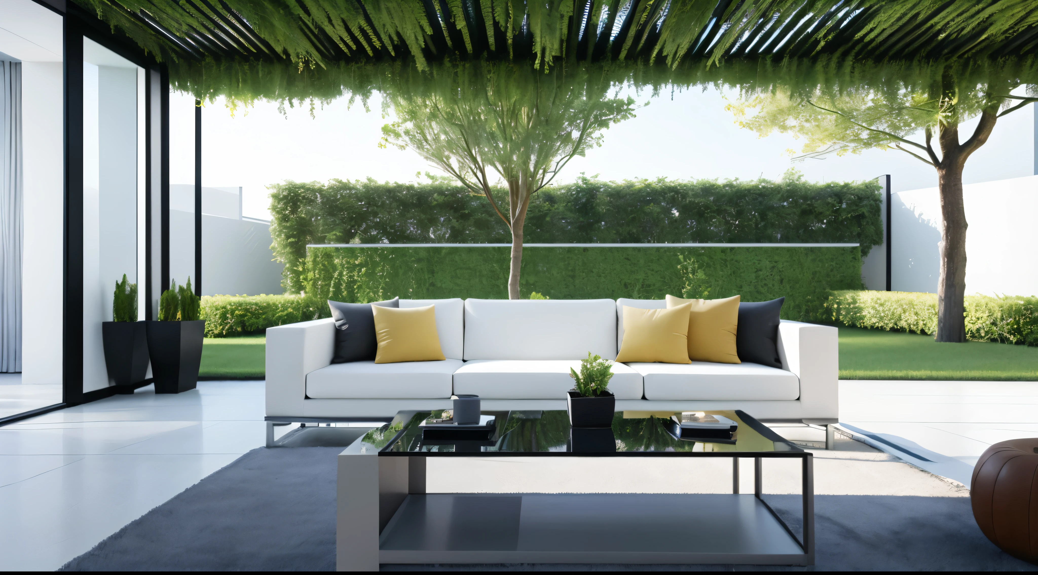 You are a famous interior designer、You have been asked to create a 3D image of a modern large room. Create a harmonious environment with modern and minimalist furniture. Including garden interior.