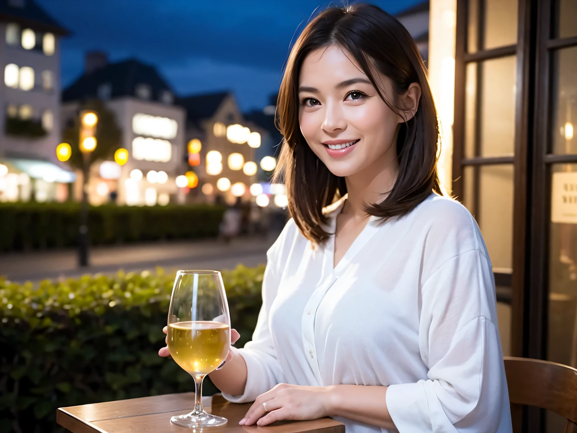(64k uhd, nffsw, of the highest quality, masutepiece: 1.2), (Realistic, Photorealistic: 1.37), Pretty Woman 1, (Slim Face), (slimボティ), (Brown hair), (short-cut), Dutchman、japanes、Americana、Frenchman、cheeks blush a little, (40 years old), 38 years, Solo, A beautiful and detailed night view spreads out outside the window........, restaurant, wine glassesに座って, At night, In a prominent place (from waist up) NovaFrogStyle, actress, Model, waist-up, white wine, slim, wine glasses, Super clean night view, 真ん中に置かれたwine glasses, Happy smile, (Smile: 1.15), Beautiful fine eyes, Upper body, Bust Japan Up, Night, Short, Short, actress, Model, waist-up, white wine, slim, wine glasses, Super clean night view, 真ん中に置かれたwine glasses, Happy smile,
