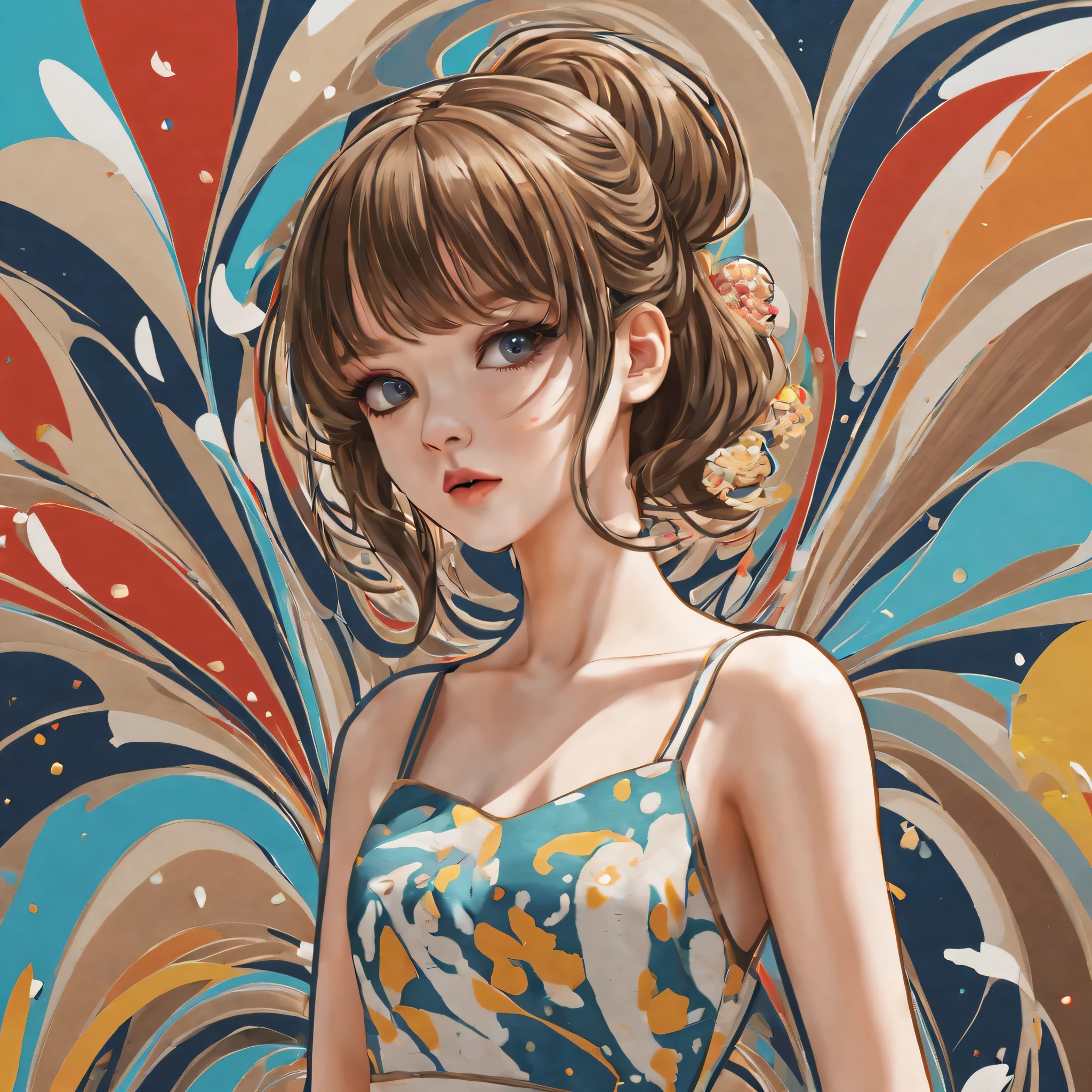 (a sticker,),(3D anime girl),dress, elegance,beautyful face,(In circlerown background), (pollock border)（oil painting style）， ultra - detailed, best quality, Detailed diagram, vectorized, 8K, 专业a sticker设计, Graphic design, vector lines, a sticker, Full-HD