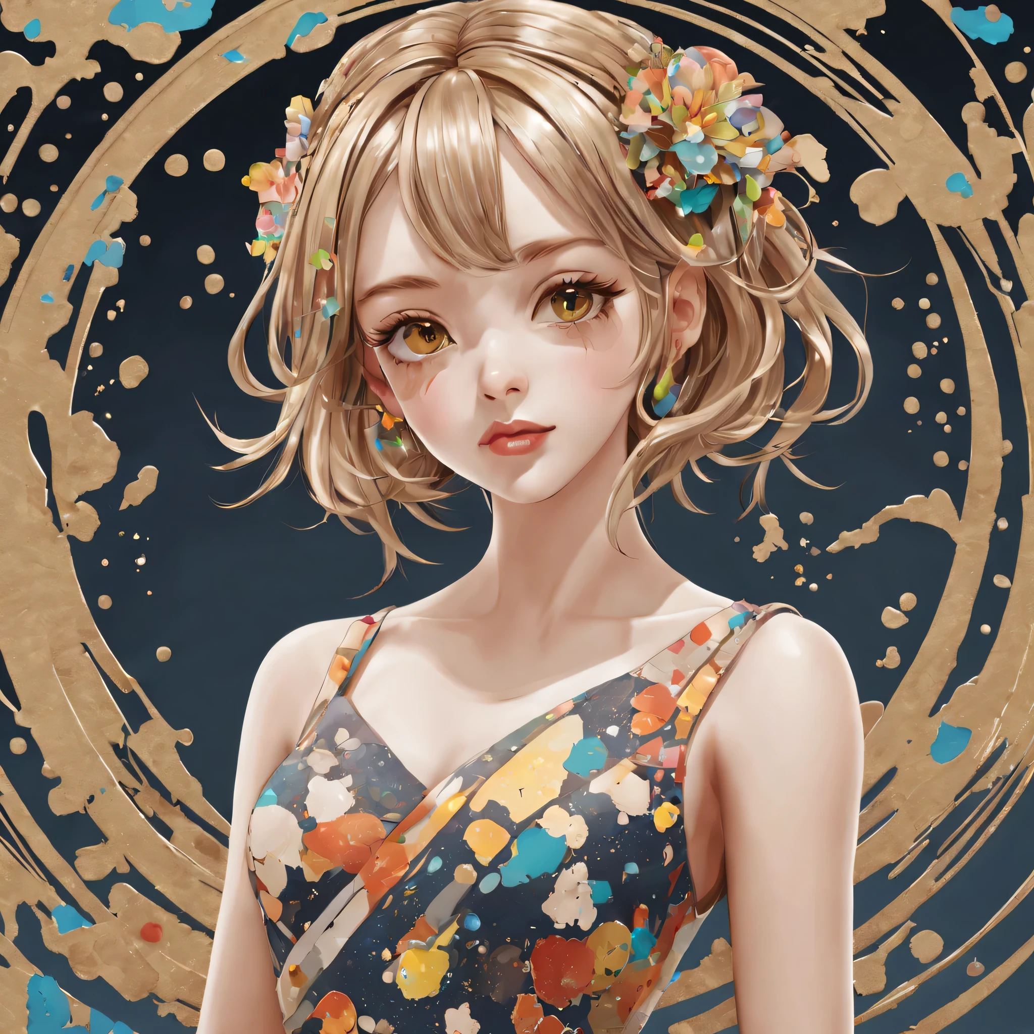 (a sticker,),(3D anime girl),dress, elegance,beautyful face,(In circlerown background), (pollock border)(oil painting style), ultra - detailed, best quality, Detailed diagram, vectorized, 8K, 专业a sticker设计, Graphic design, vector lines, a sticker, Full-HD