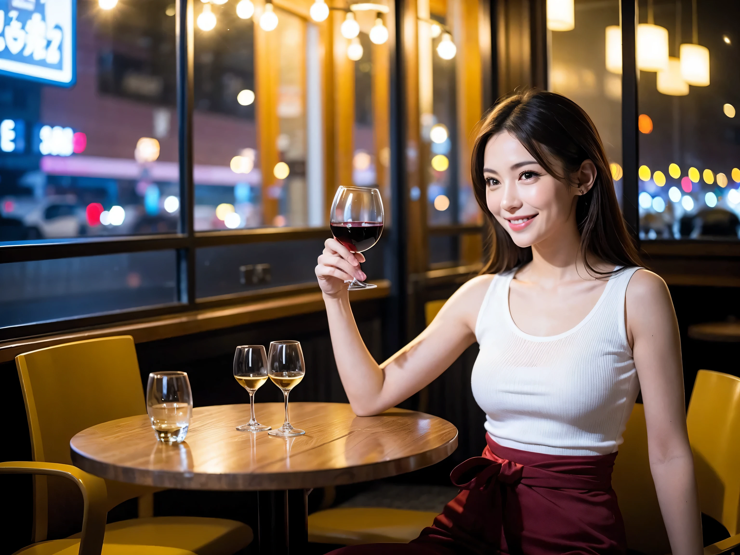 (64k uhd, nffsw, of the highest quality, masutepiece: 1.2), (Realistic, Photorealistic: 1.37), Pretty Woman 1, (Slim Face), (slimボティ), (Brown hair), (short-cut), Italian、Spaniard、Dutchman、Americana、japanerenchman、cheeks blush a little, (40 years old), 38 years, Solo, A beautiful and detailed night view spreads out outside the window........., restaurant, wine glassesに座って, At night, In a prominent place (from waist up) NovaFrogStyle, actress, Model, waist-up, white wine, slim, wine glasses, Super clean night view, 真ん中に置かれたwine glasses, Happy smile, (Smile: 1.15), Beautiful fine eyes, Upper body, Bust Japan Up, Night, Short, Short, actress, Model, waist-up, white wine, slim, wine glasses, Super clean night view, 真ん中に置かれたwine glasses, Happy smile,