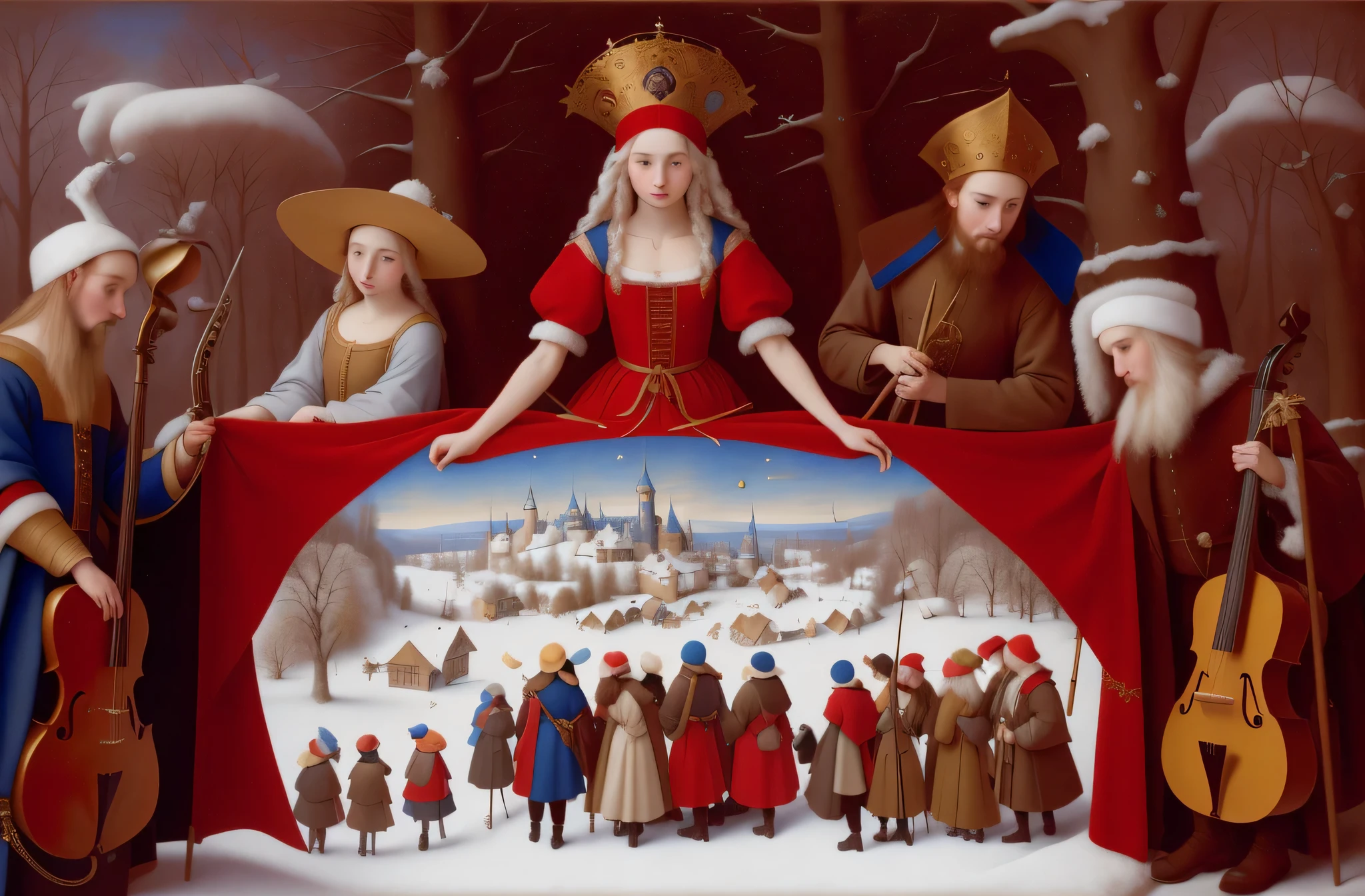 peinture d'un groupe de personnes vêtues de costumes et tenant des instruments, inspiré par Albrecht Altdorfer, allégorie de'hiver, inspiré de Jean Fouquet, Adrien Borda, inspiré des frères Limbourg, inspiré de Geertgen tot Sint Jans, inspiré par James C. Christensen, dans le style de Jérôme Bosch, Alexandre Abdoulov, Conte de fées populaire russe