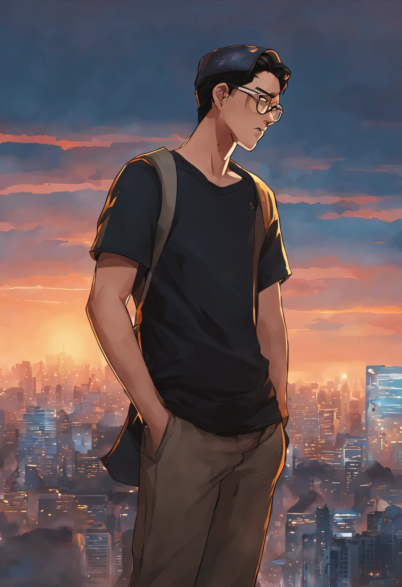 A close up of a man with black hair, Asian, Malay man, a character portrait, by Oliver Sin, digital art, anime guy wearing a black cap,blue polo t-shirt, wearing glasses, looking a far, head to the left, city background, golden hour