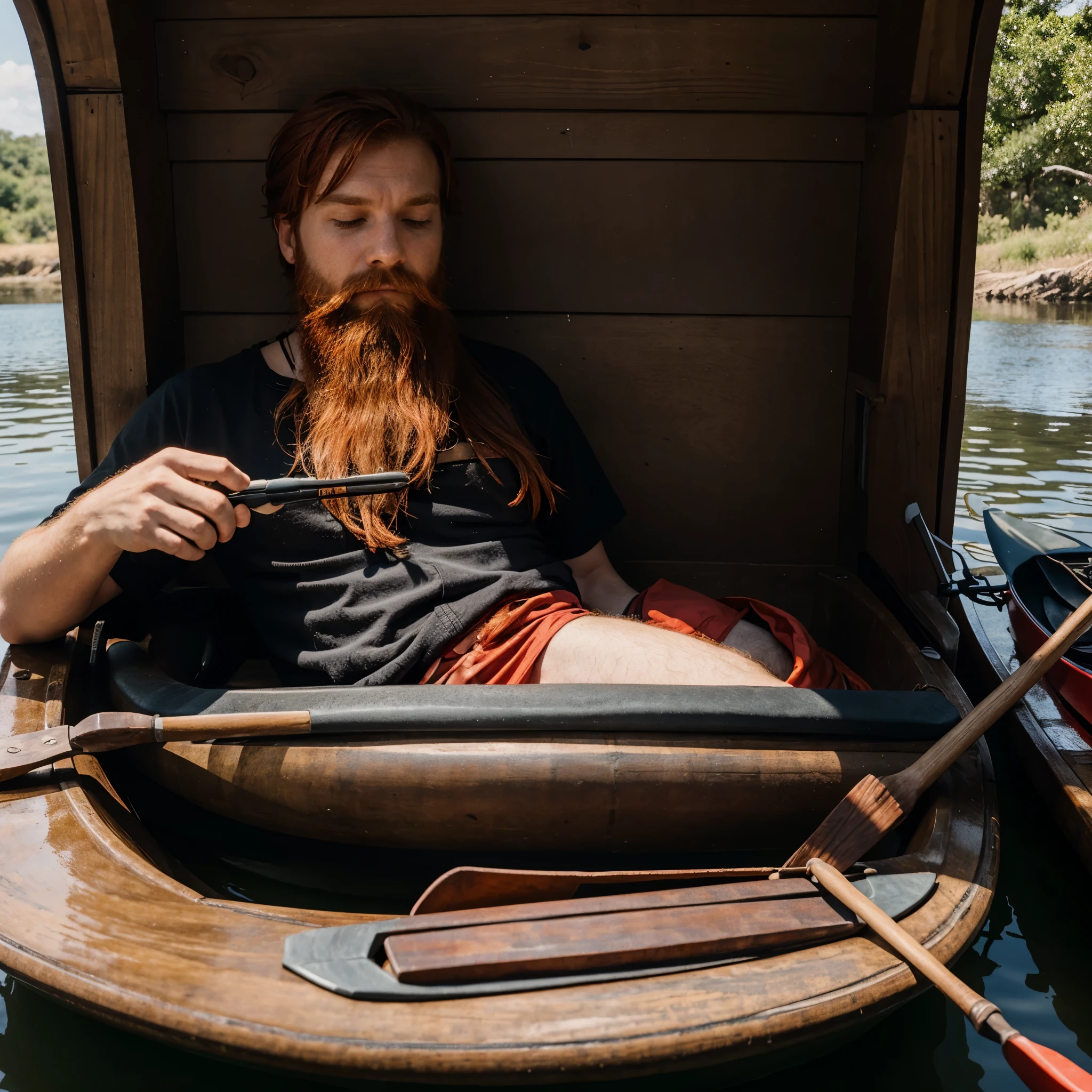 Red head with beard sleeping the kayak house with a no fishing sign 