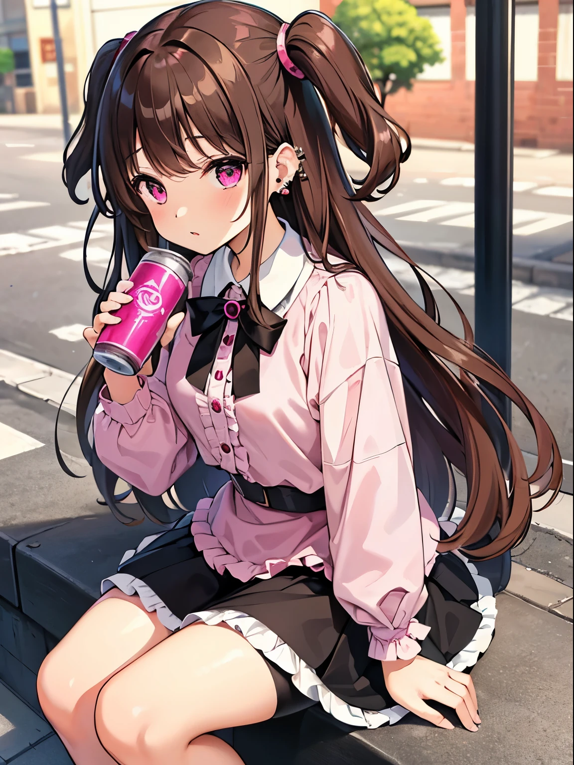 masterpiece, high quality, 1 girl, brown hair, curly hair, long hair, ((two side up)), pink eyes, pink frill shirts, black frill, black skirt, white stockings, many ear piercings, (holding a juice can), in the street