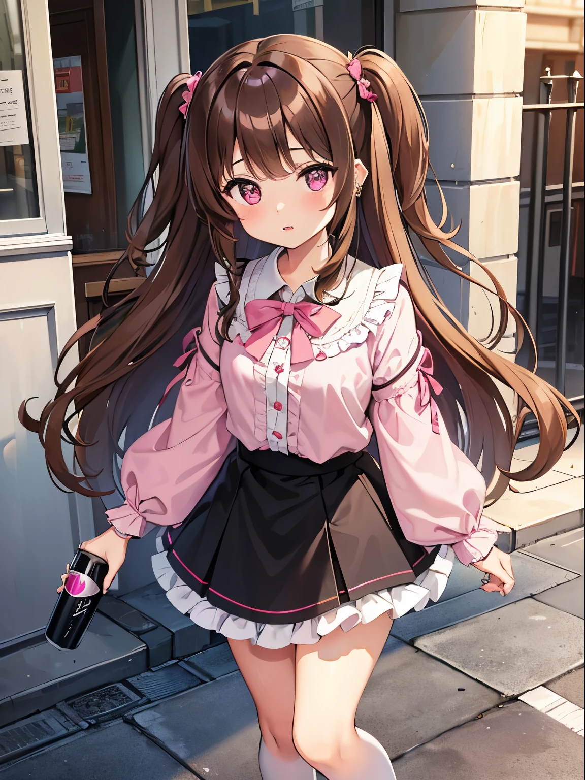 masterpiece, high quality, 1 girl, brown hair, curly hair, long hair, ((two side up)), pink eyes, pink frill shirts, black frill, black skirt, white stockings, many ear piercings, (holding a juice can), in the street