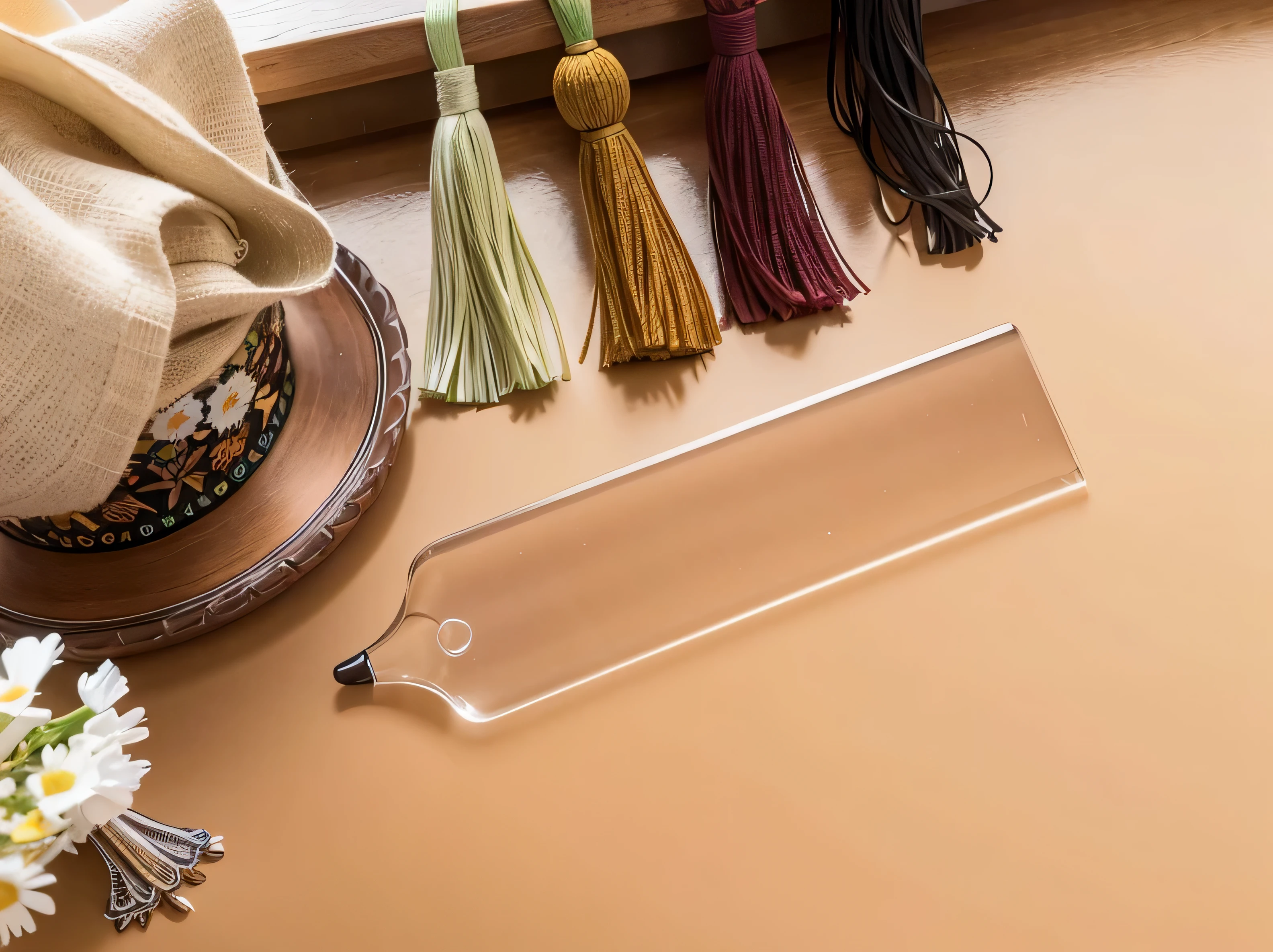 There are some tassels and a bookmark on the table, transparent, random, 5 days, 5 days, 3 3mm, 33mm, 2447, 60mm, 6 4 0, 8 4 mm, 84mm, 90mm, 9 0 mm, 4 0 9 6, lacquered glass, 303, 1x