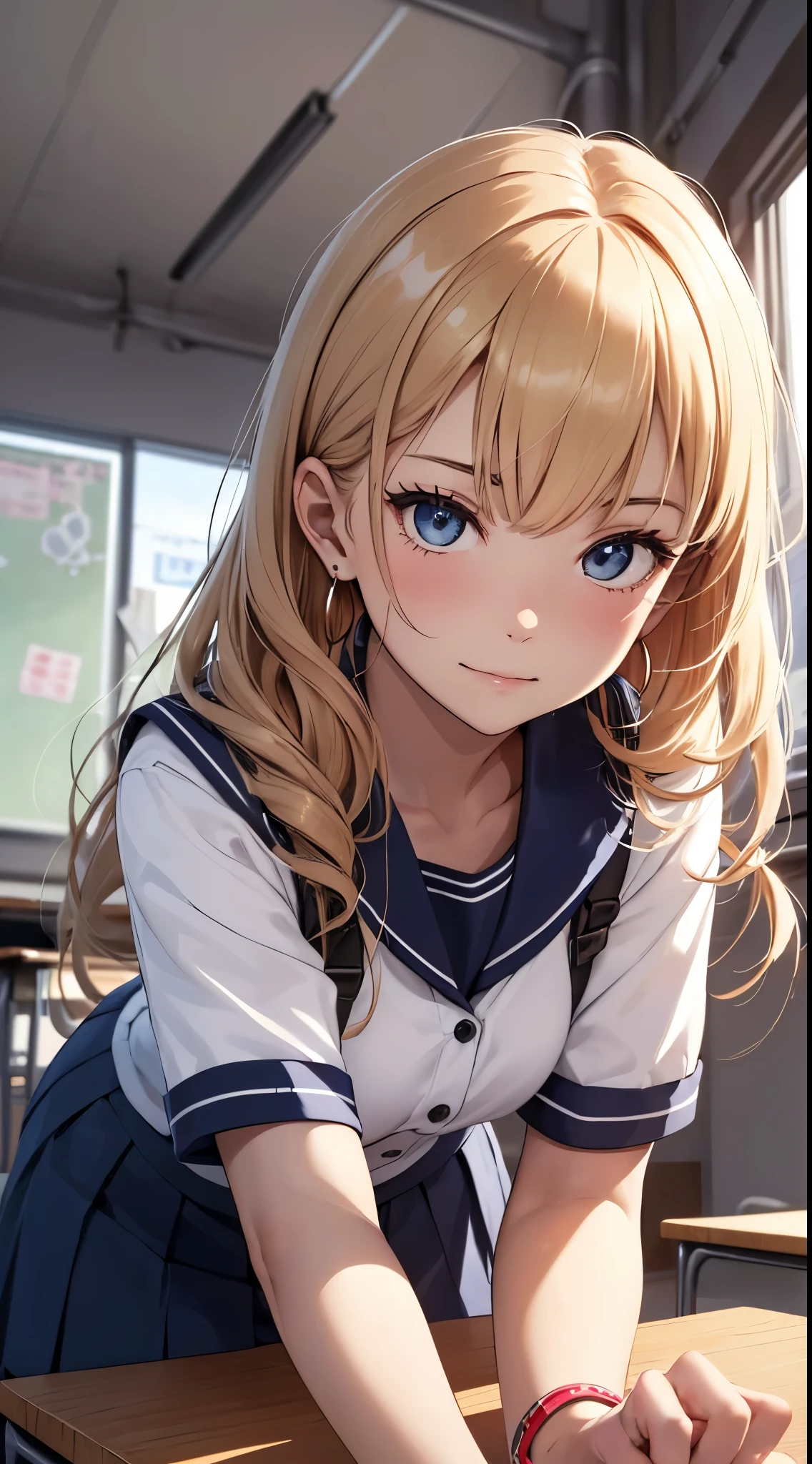 quality、Image Quality、Masterpiece、girl with((18 years old、Short sleeve sailor suit without sports bra、Short blue skirt、best bust、Bust 85、a blonde、Long hairlue eyes、Open your mind、Happineslack wristband on the wrist、A slender one、shy face、earrings、on all fours,Get closer to the audience、action of pulling up hair、Dye your cheeks、The wind is blowing))高quality、visual art、Love movie style、background with((After-school classroom))、on the table、