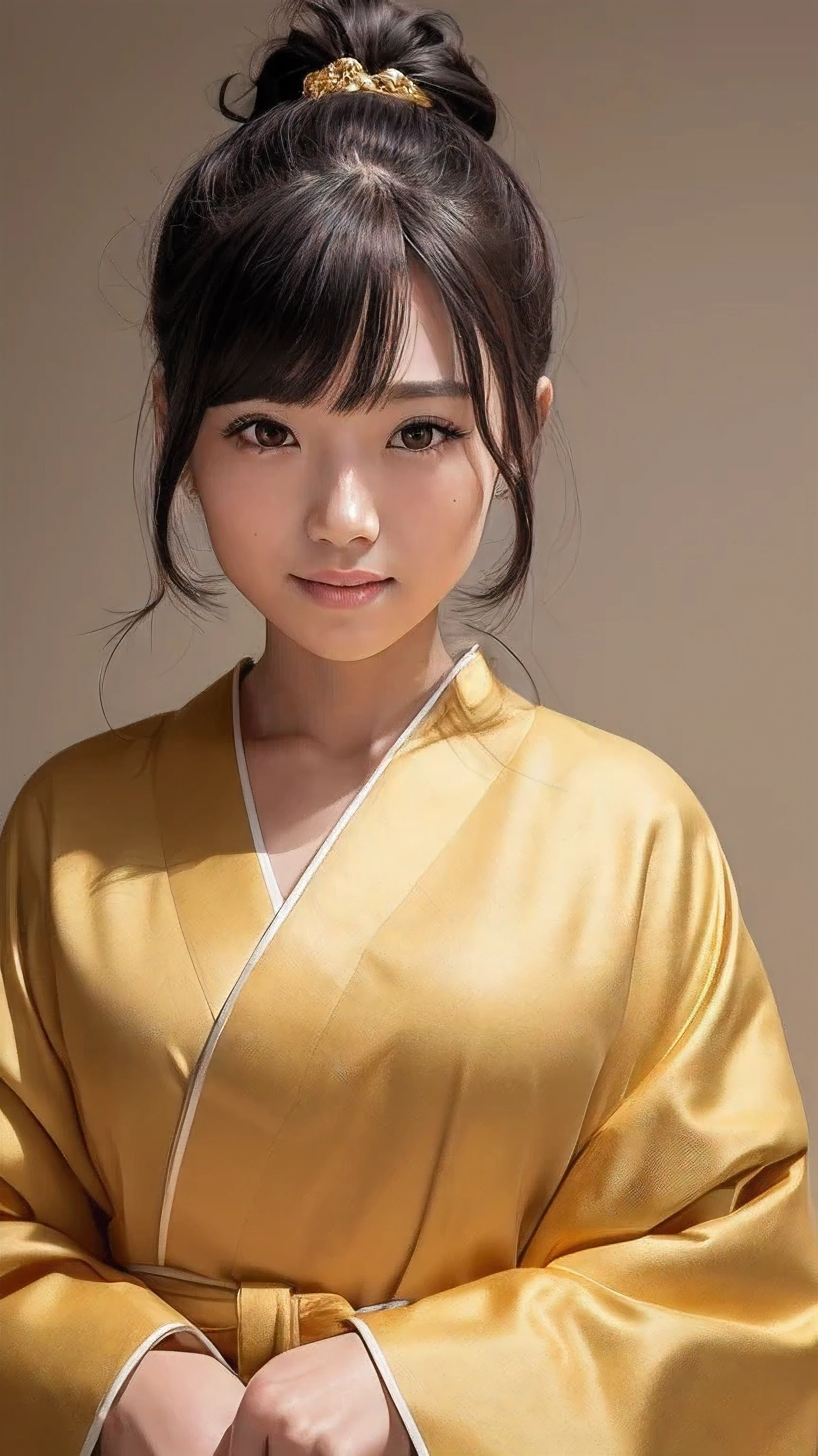 masterpiece, highest quality, upper body whole body, cute, so beautiful , Golden kanzashi hair, Front view, Front view, ponytail hair, black hair, cute,smile, shrine, shining background, Golden kimono, Facing the viewer of the photo, You will see the shoulders and head in the photo