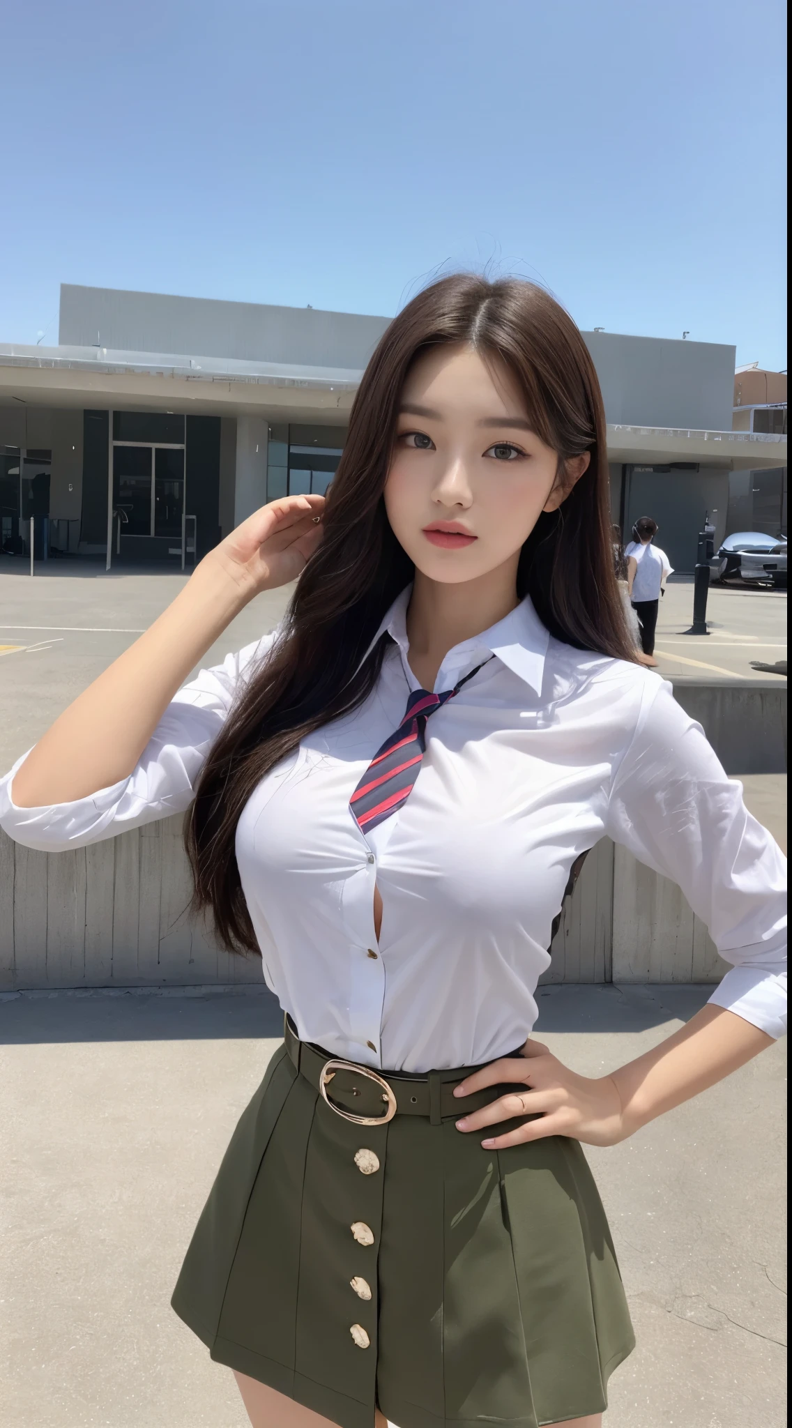 (top-quality、hight resolution、masterpiece:1.3)、Tall and cute woman、Slender Abs、Dark brown hair styled in loose wavereastsout、Wearing a pendant、White Up Shirt、a belt、a black skirt、(Modern architecture in background)、Details exquisitely rendered in the face and skin texture、A detailed eye、二重まぶた、(huge-breasted:1.6), ((Wearing a tie)), full body Esbil buttons are closed))