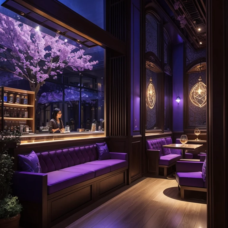 Imagine a modern fantasy coffee shop, "Moonlit Mocha," with an ethereal ambiance. The storefront boasts a blend of mystical purples and deep blues, echoing a moonlit night. Whimsical vines adorned with luminescent blooms entwine around the entrance, guiding patrons into a haven of cozy warmth. Inside, soft, ambient lighting illuminates plush seating draped in celestial fabrics. The scent of enchanting coffee blends mingles with hints of vanilla and cinnamon. Baristas, attired in mystic-themed uniforms, craft spellbinding latte art. Each cup is a canvas for celestial patterns, mirroring the dreamlike atmosphere. The menu, inscribed with elegant font, showcases enchanting brews like Stardust Espresso and Cosmic Caramel Macchiato. It's a sanctuary where modernity intertwines seamlessly with a touch of magical allure, inviting patrons into a realm where every sip is an enchanting experience.