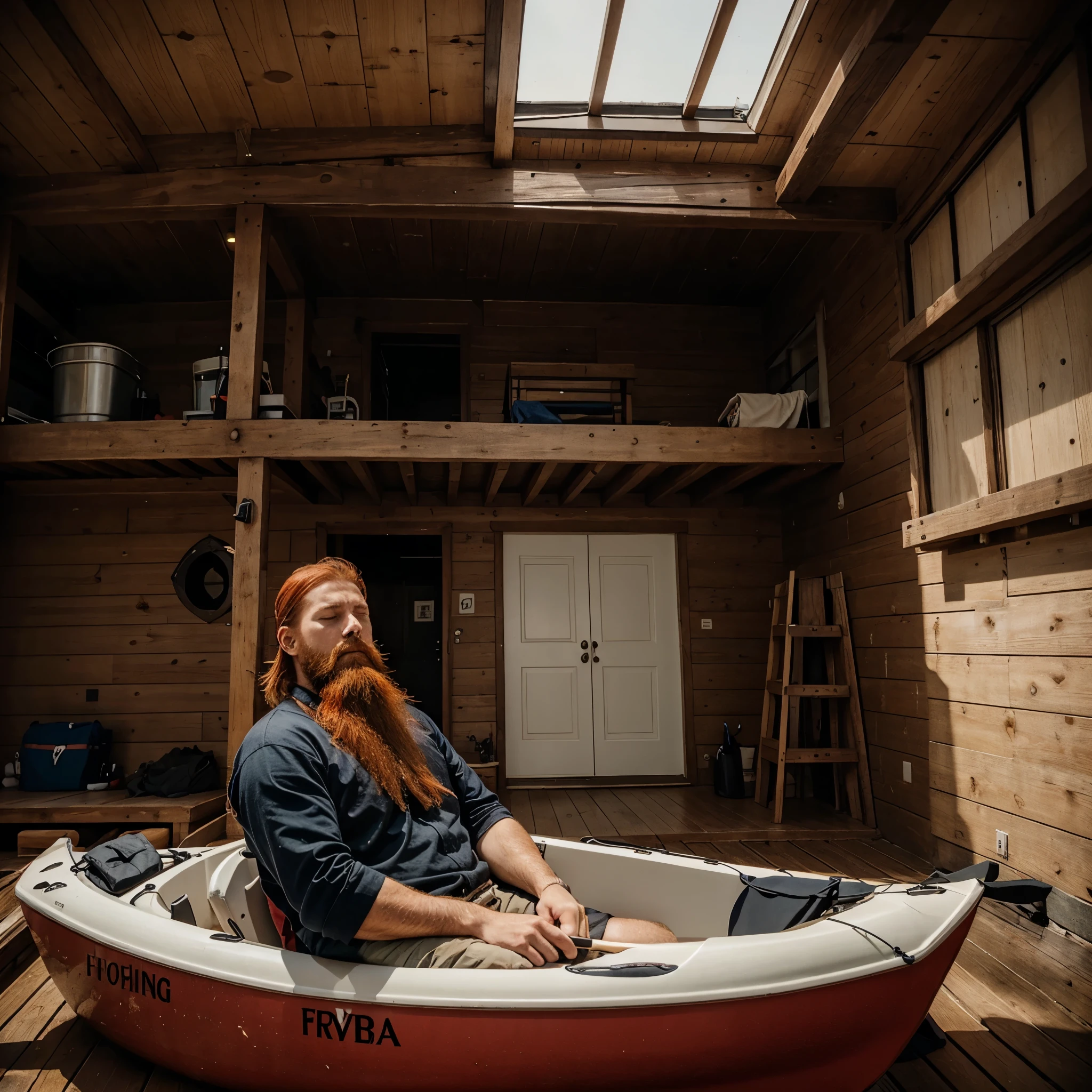 Red head with beard sleeping the kayak house with a no fishing sign 